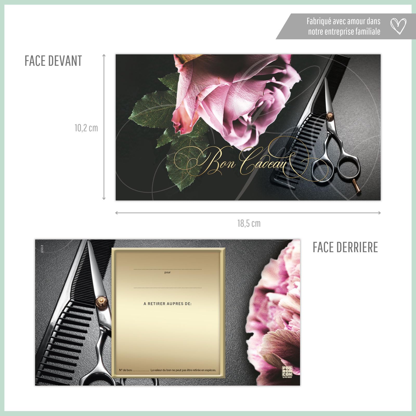 POS BON - 100 bons cadeaux à remplir avec enveloppe/nœud ruban - formulaires imprimés pour des salons de coiffure K1207F-2-100-V1