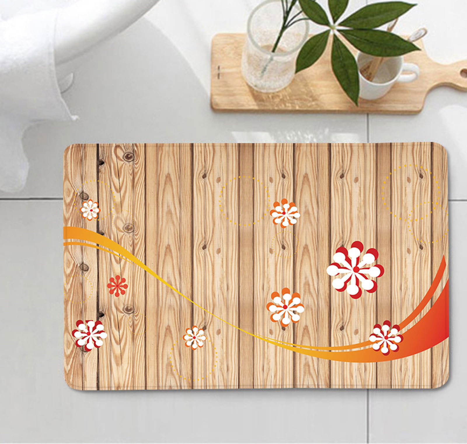 Zerbino Ingresso Esterno Fiore Stampa Legno Tappeto Salotto Poliestere Zerbino Ingresso Interno Moderno Tappeti Soggiorno Cucina Lavabile Tappeto da Esterno Antiscivolo Tappeti Moderni 100x150cm