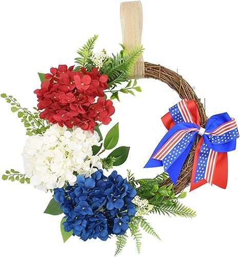 Miniatura 8 de Corona del 4 de julio para puerta delantera, decoraciones del 4 de julio para el hogar, coronas patrióticas con bandera estadounidense para el Día