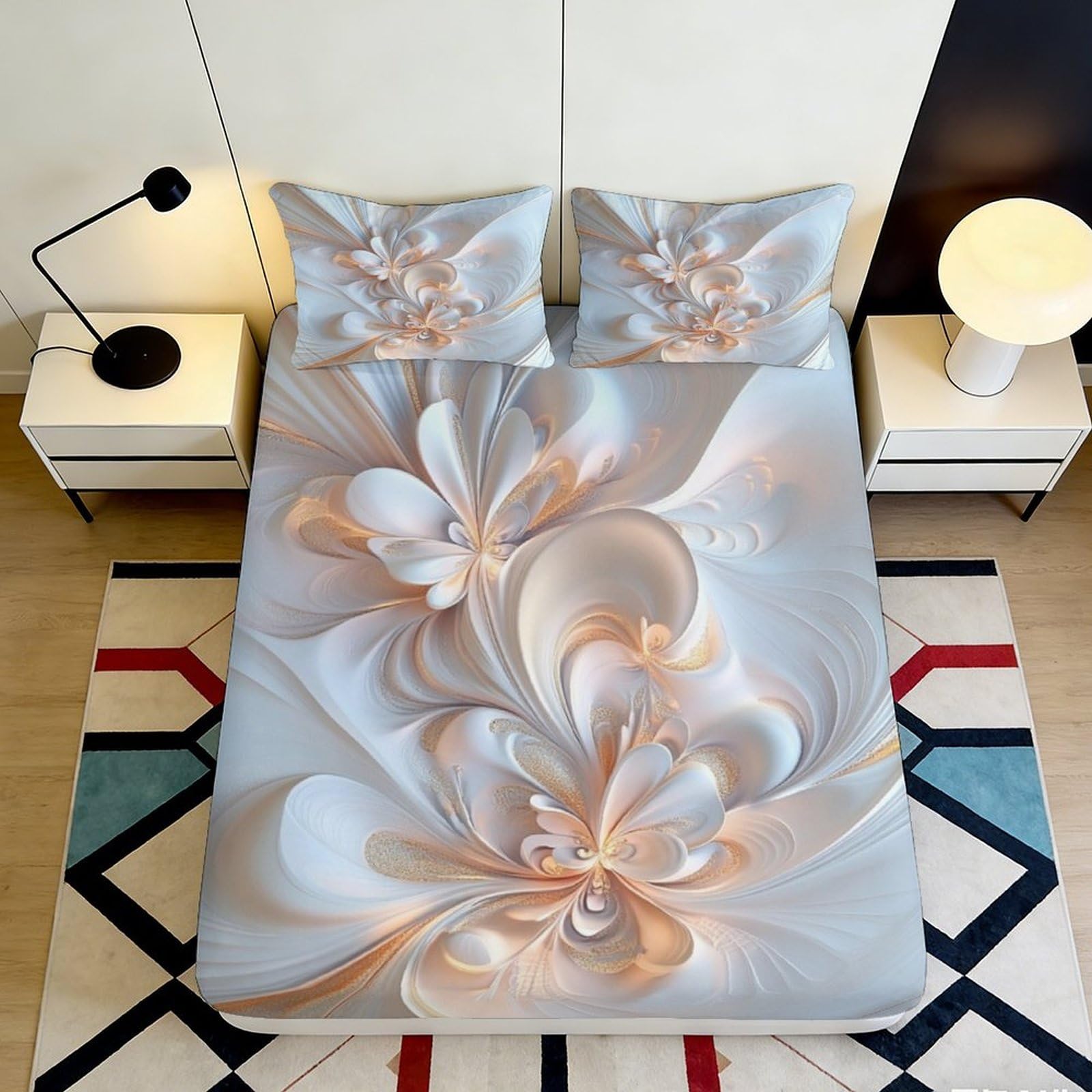 Pnayamiorkfel Style-7 3D Printed Elegant Swirl Fitted Sheet Microfiber Soft Breathable Abstract Blossom Mattress Cover Bedroom Decor 90X200x25cm