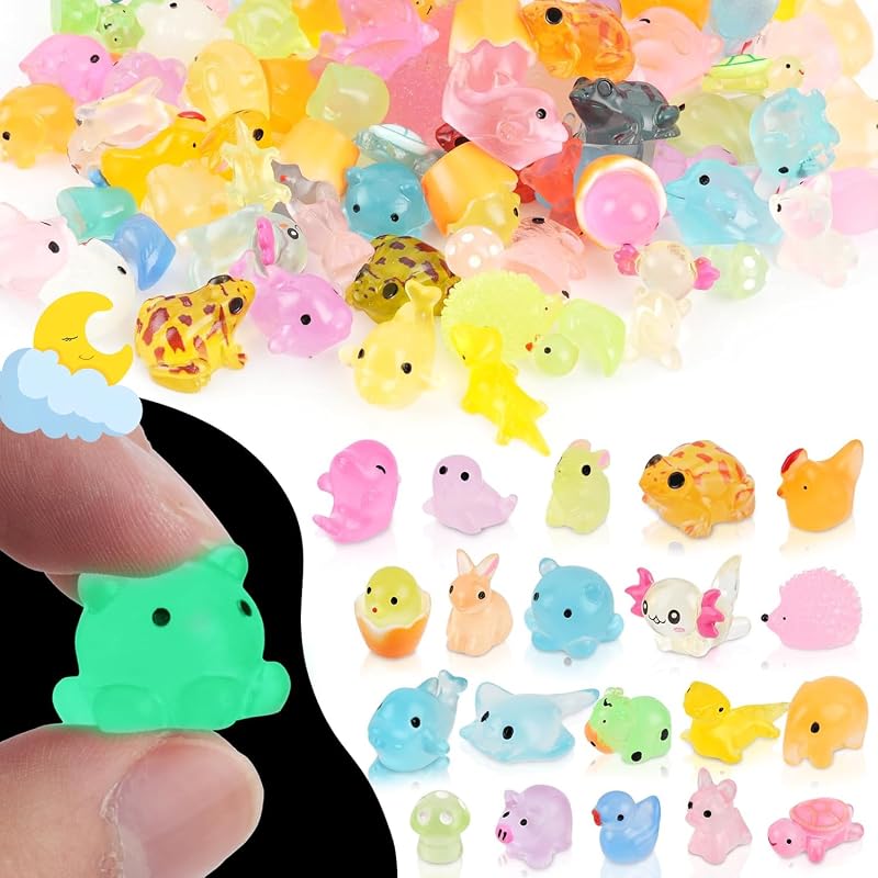 100 piezas de mini animales luminosos de resina a granel, 20 estilos que brillan en la oscuridad, figuras de animales pequeños de plástico para jardín de hadas, casa de muñecas, acuario, regalos de fiesta y manualidades de decoración del hogar