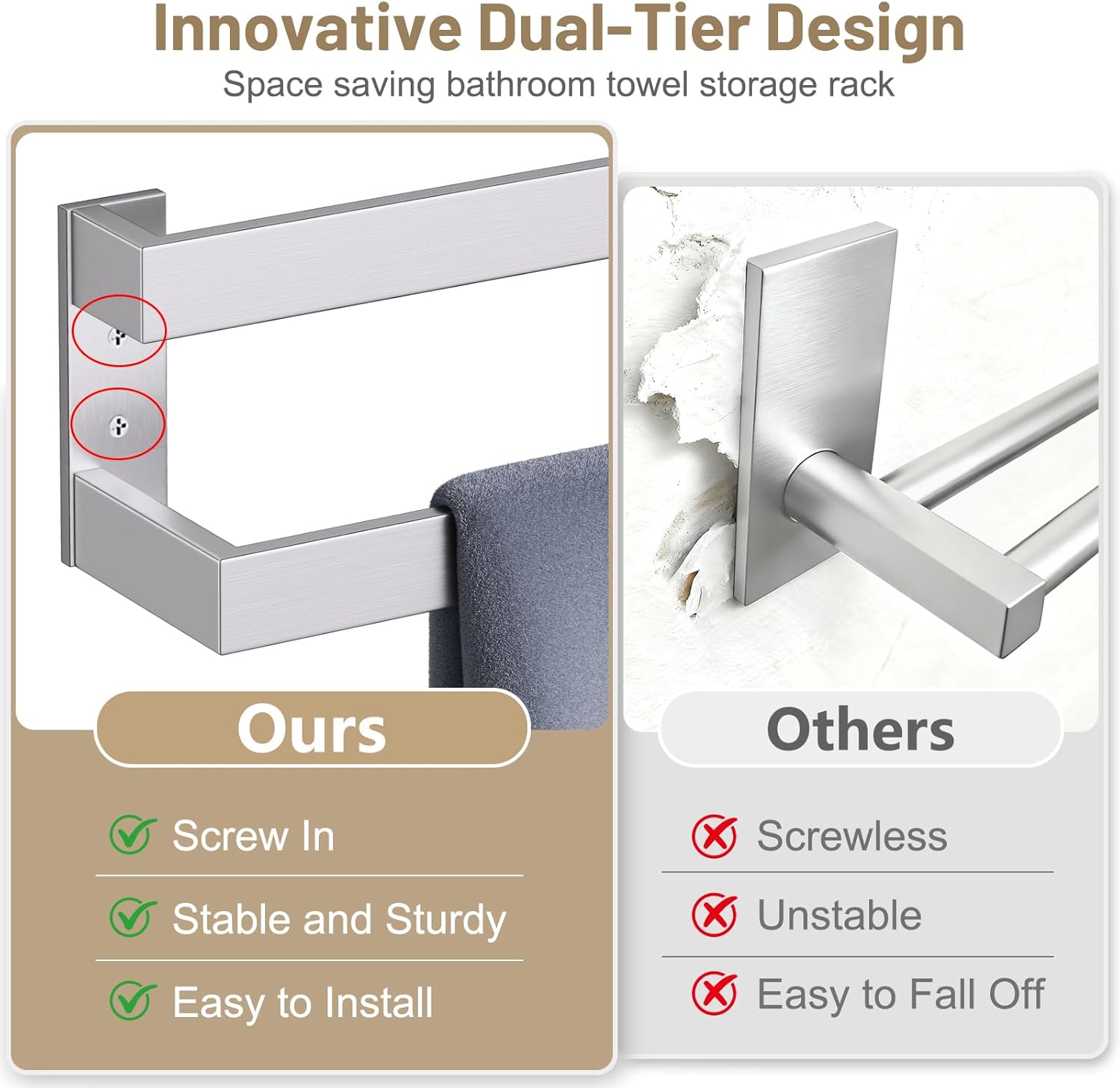 TNOMS Double Towel Bar,Towel Rack for Bathroom Stainless Steel Wall-Mounted Bathroom Hardware Accessories Brushed Nickel 24 Inch - Image 4