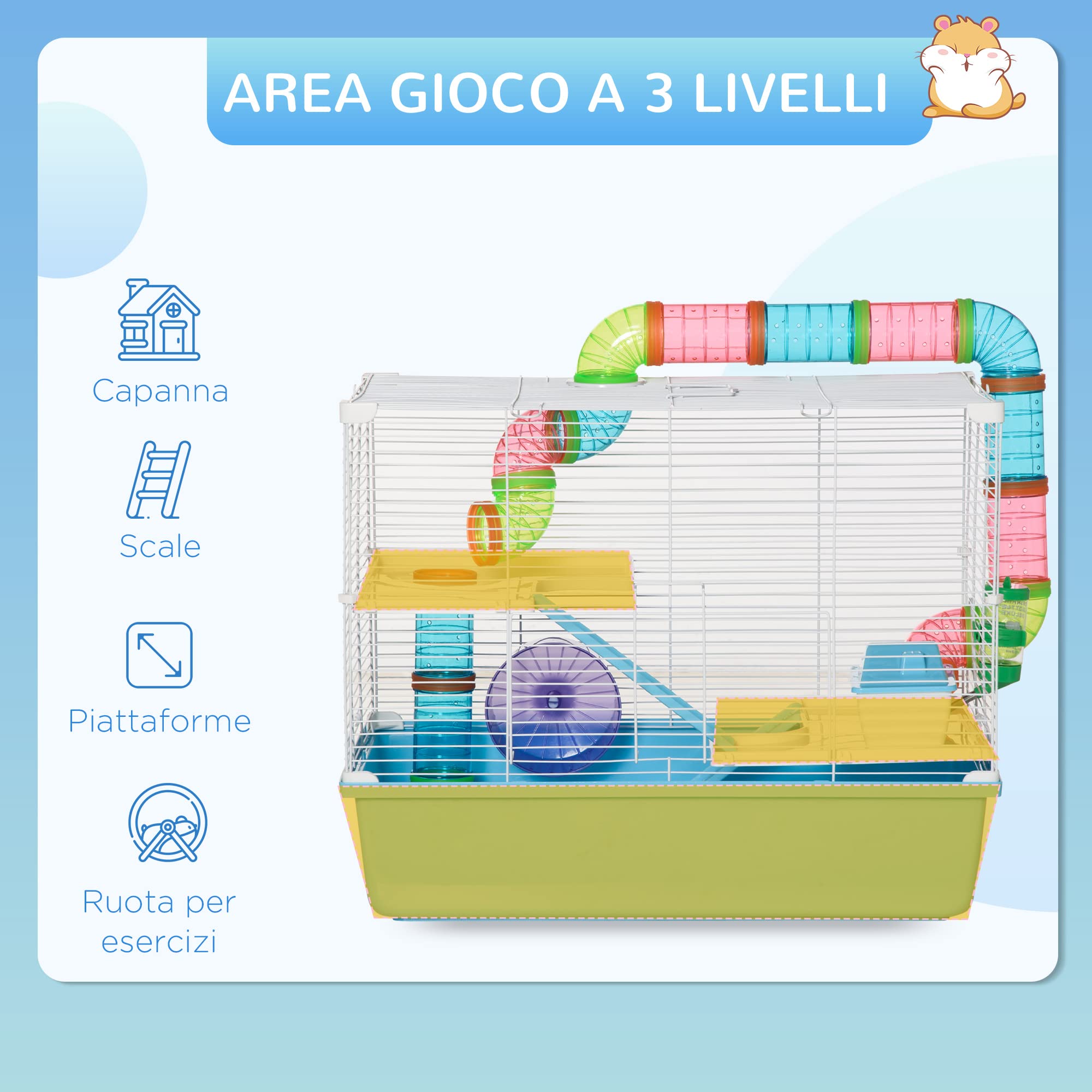 PawHut Gabbia per Criceti a 3 Livelli con Tubi, Casetta, Serbatoio dell'Acqua e Ruota, 59x36x47 cm, Azzurro e Bianco