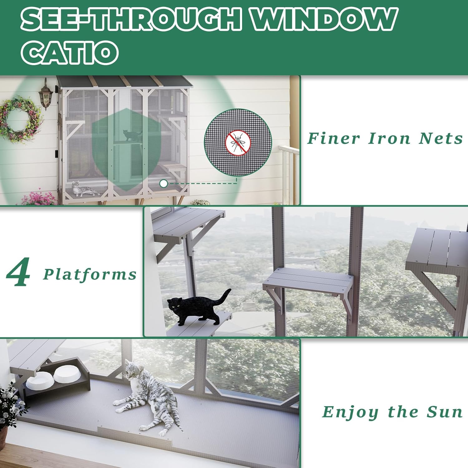 Large Window Catio Cat Window Box, Expandable Cat Catio for Indoor Cats, Outdoor Enclosure with 4 Platforms, 3 Doors for Sunbathing, Napping, Overlooking, All Weather Use