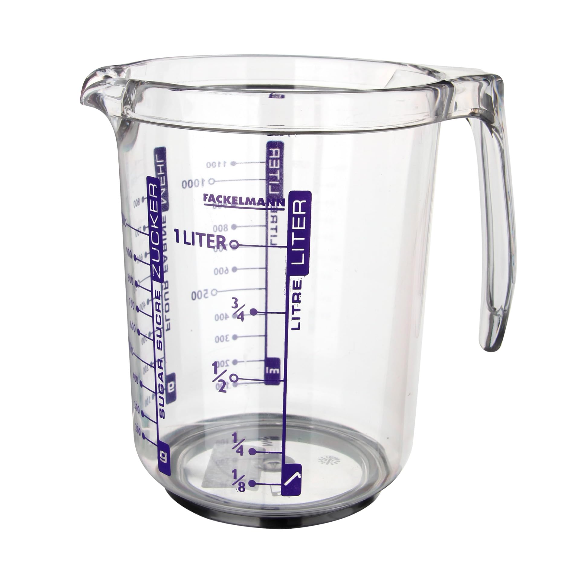 Fackelmann Jarra Medidora de Cocina, 1 litro de capacidad, con escala para medir líquidos, azúcar y harina, Plástico SAN Transparente. Medidas 17,5x12,5x16,5 cm, 1 ud