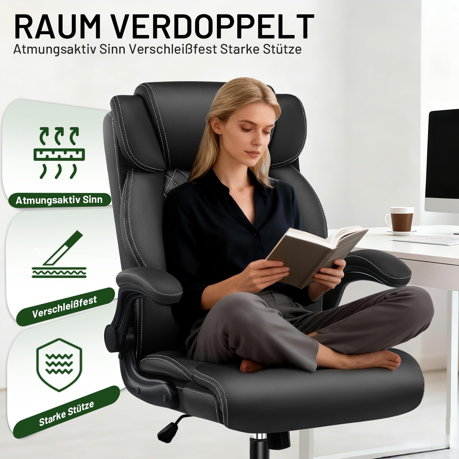 Chefsessel bis 200 kg, Bürostuhl Ergonomisch aus Kunstleder mit Verstellbaren Armlehnen und Rollen, Drehstuhl mit Hoher Rückenlehne – CompuetrStuhl für Büro und Homeoffice, Schwarz