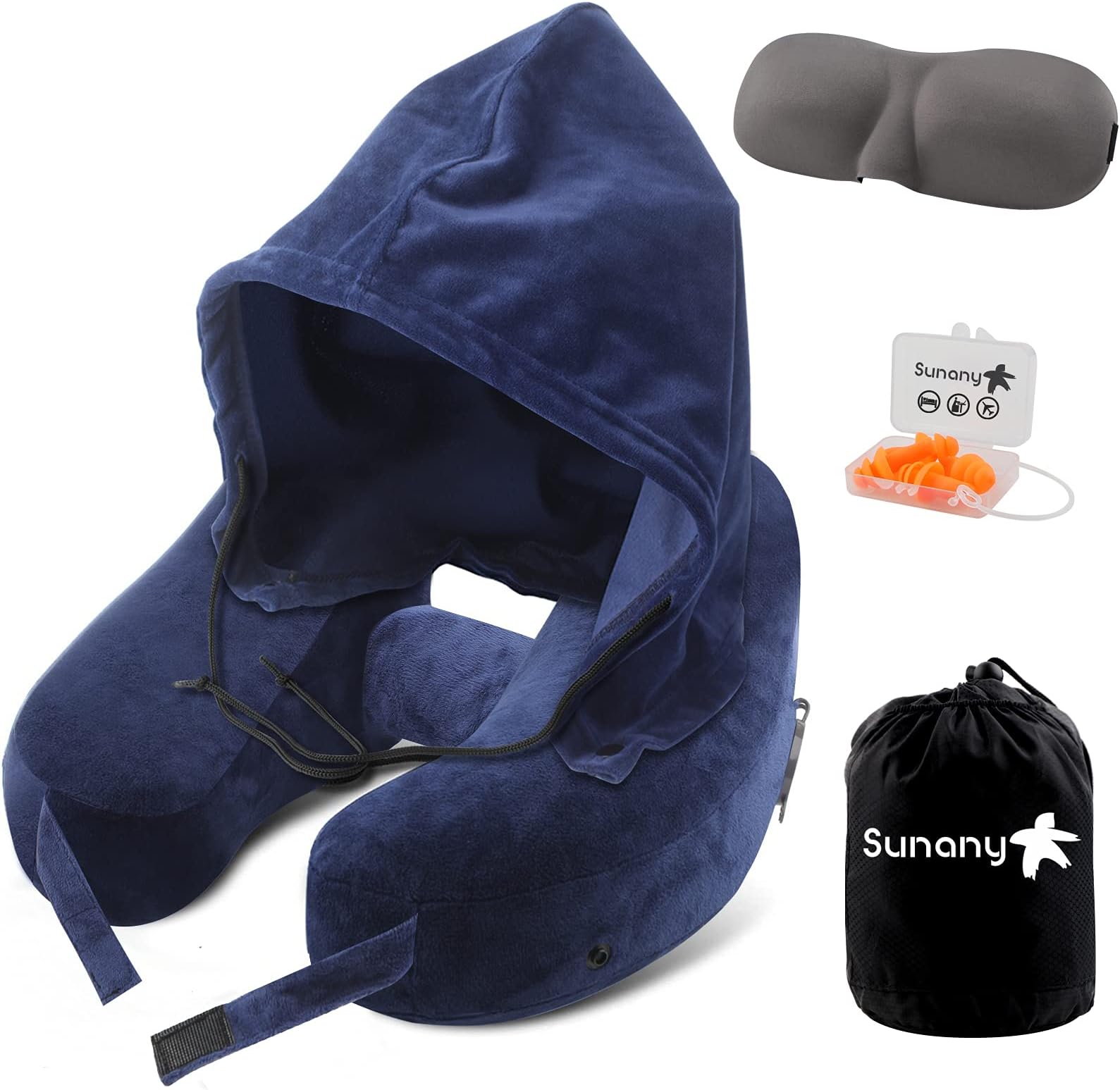Sunany Neck Pillow Inflatable Travel Pillow Comfortably Supports The Head, Neck and Chin, Airplane Pillow with Soft Velour Cover, Hat, Portable Drawstring Bag, 3D Eye Mask and Earplugs (Blue)