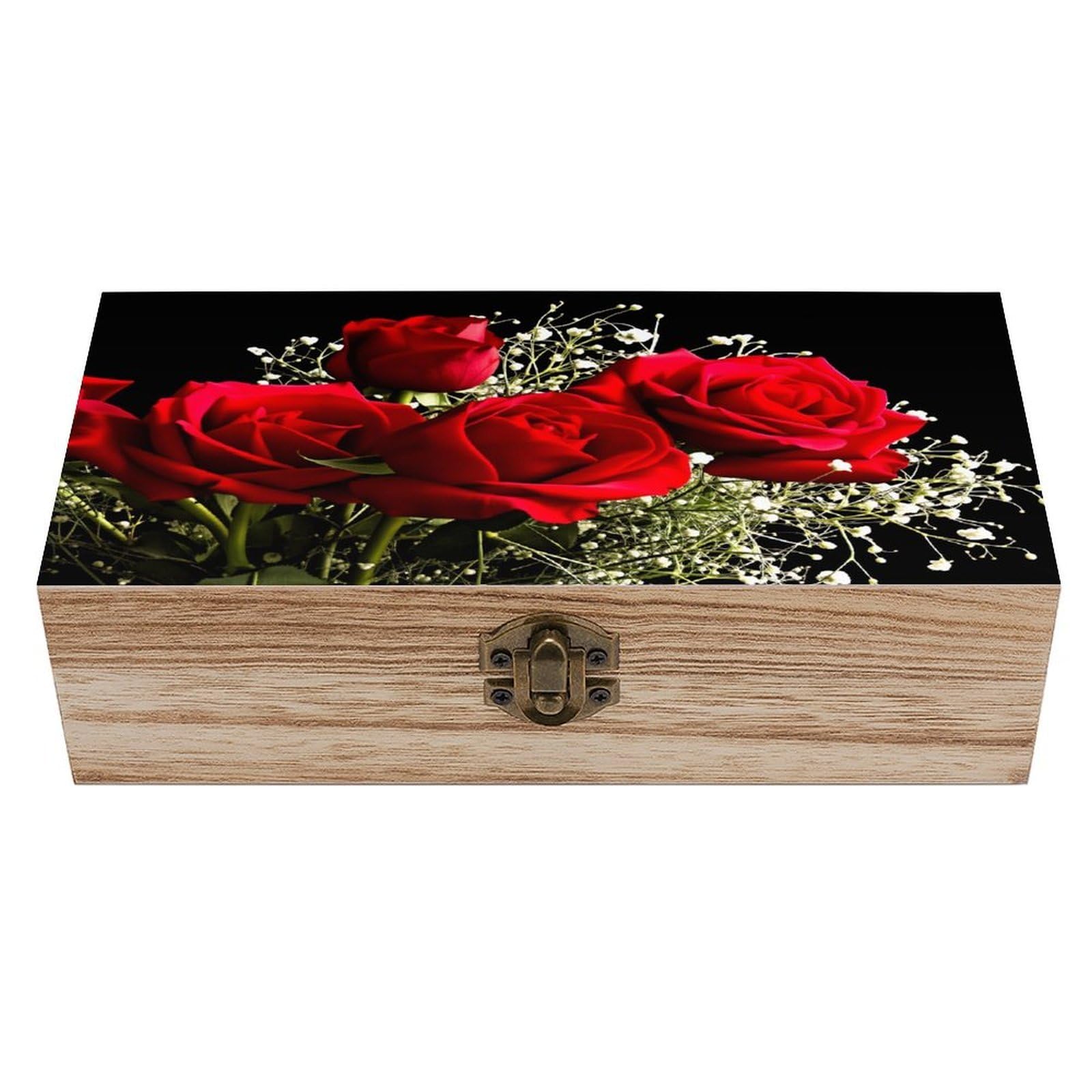 HLBSDM Red Rose Bouquet Vintage Wooden Keepsake Box with Hinged Lid And Locking Clasp, Decorative Storage Box for Jewelry, Trinkets And Small Accessories, Organizer for Home Or Wedding