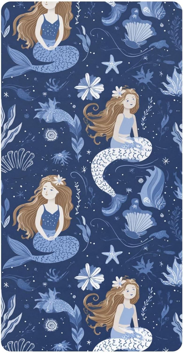 Cute Nautical Mermaid Crib Sheets Soft Breathable Fitted Cotton Baby Crib Sheets Mattress Cover for Girl Boy, 52" x 28" x 9"