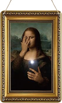 Mona Lisa Bathroom Art - Funny Bathroom Wall Art, Gold Framed Mona Lisa Holding Phone Painting for Bathroom Restroom Toilet Decor, Vintage Whimsical Poster Print 8 x 12 Inch