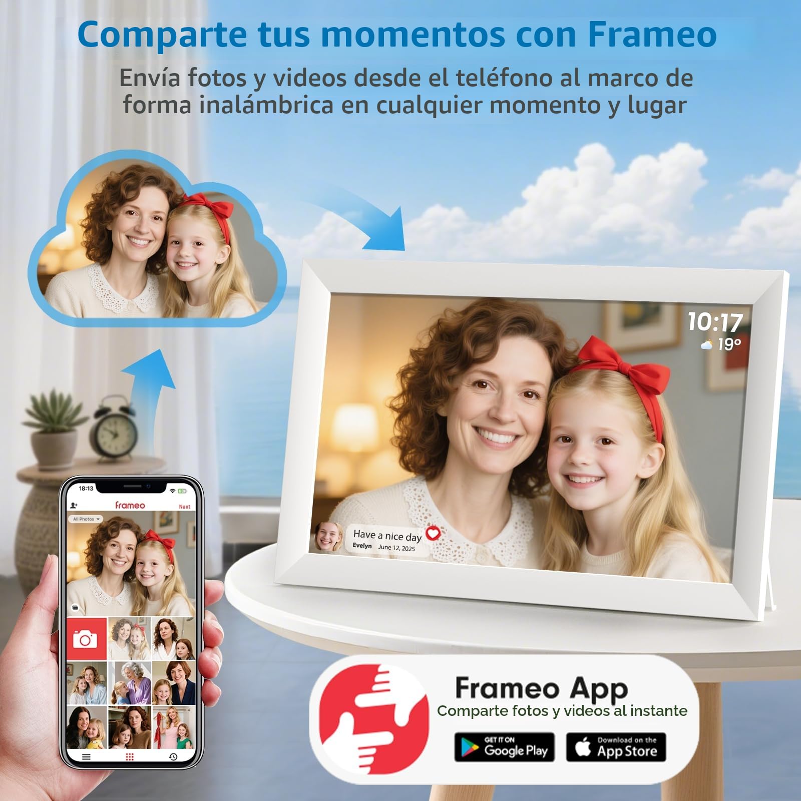 Hesmor Marco de Fotos Digital de 10,1'' WiFi Marco Fotos Digital HD 1280 x 800 IPS, Pantalla táctil IPS, Marco de Fotos electrónico con Memoria de 32GB, rotación automática, fácil Intercambio de