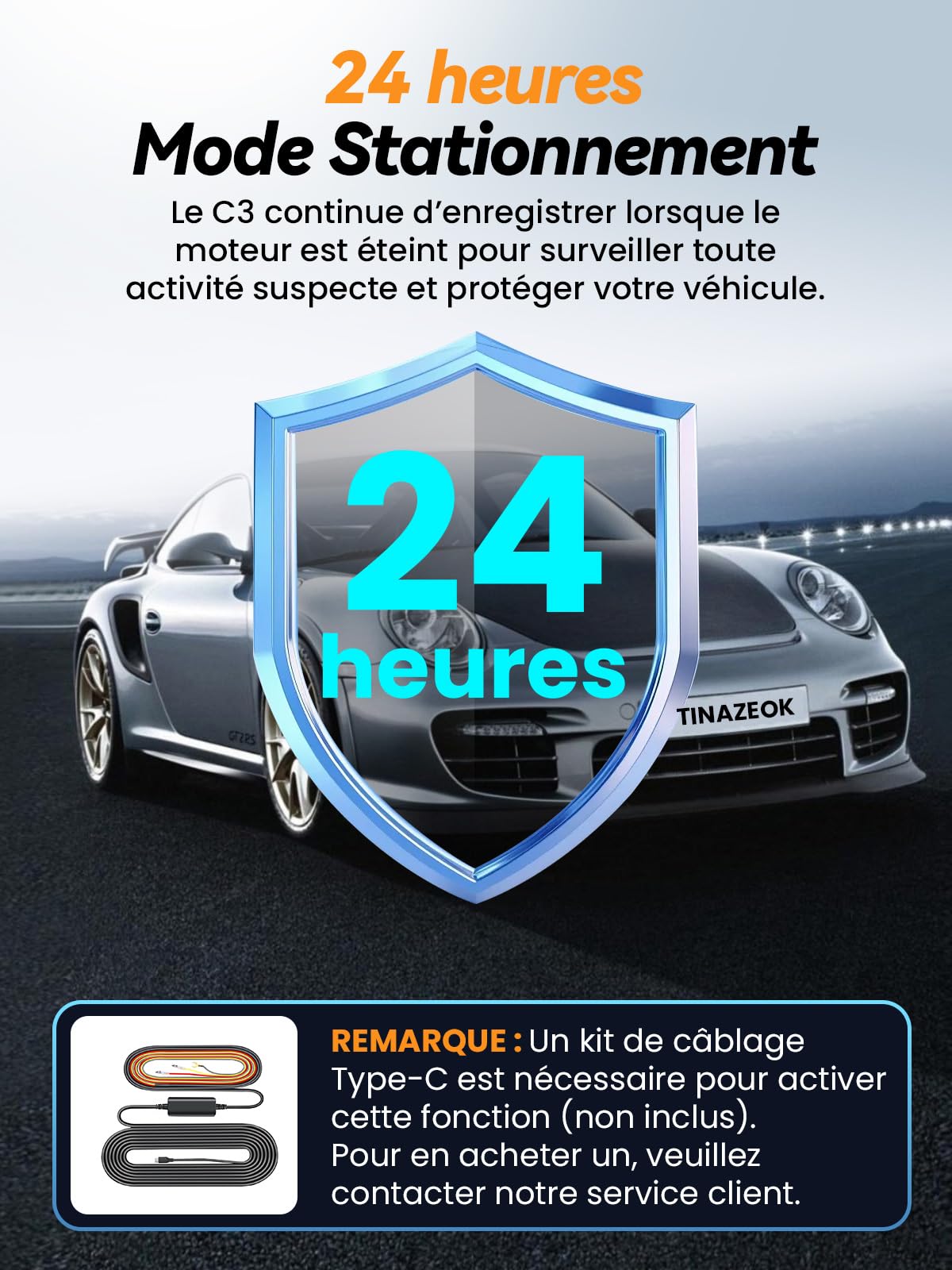 C3 Dashcam Voiture Avant arrière, caméra 4K+1080P, Wi-FI 5GHz avec contrôle Via app, Carte SD 64GB, Vision Nocturne, Grand Angle 170°, WDR, stationnement 24H, capteur G, Installation Facile