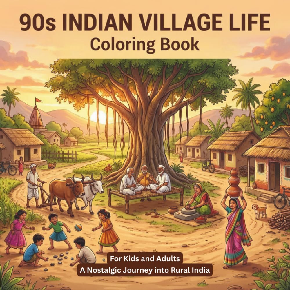 90s Indian Village Life Coloring Book for Kids & Adults: A Nostalgic Journey into Rural India with Relaxing and Detailed Scenes