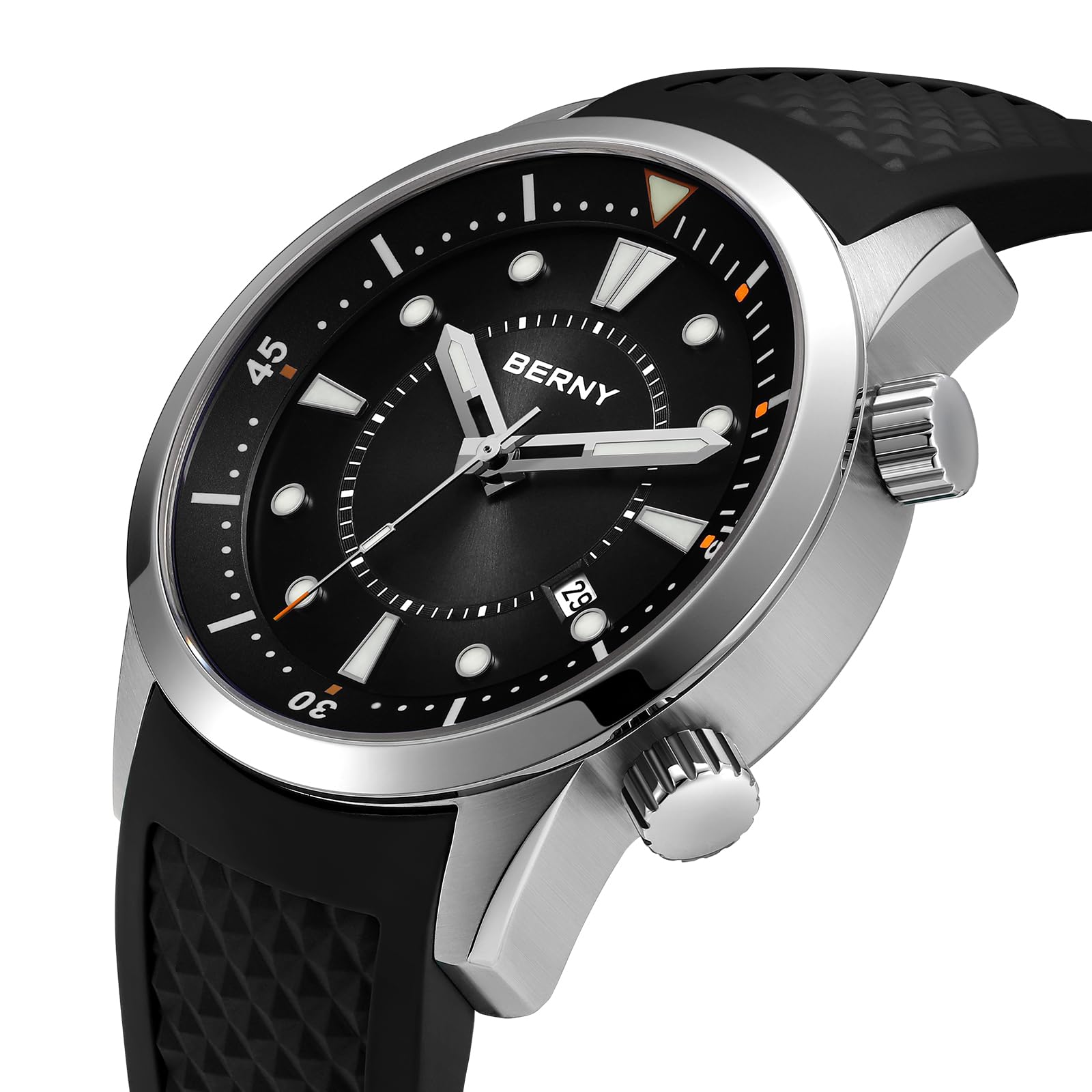 BERNY Relojes Mecánicos Automáticos Se Pulsera para Hombres Dive Relojes De Pulsera con Corona De Tornillo 20ATM Impermeable Hv600 Ddureza Correa De Silicona De Vidrio Zafiro Súper Luminosa