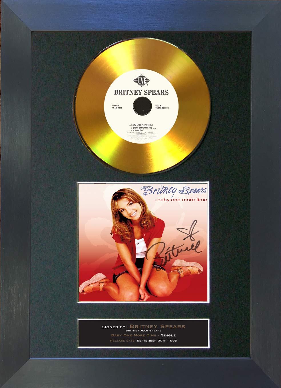 The Autograph Collector Gold,Black #139 Gold Disc Britney Spears Baby One More Time Signed Autograph Mounted Reproduction A4 Print (Black Frame)