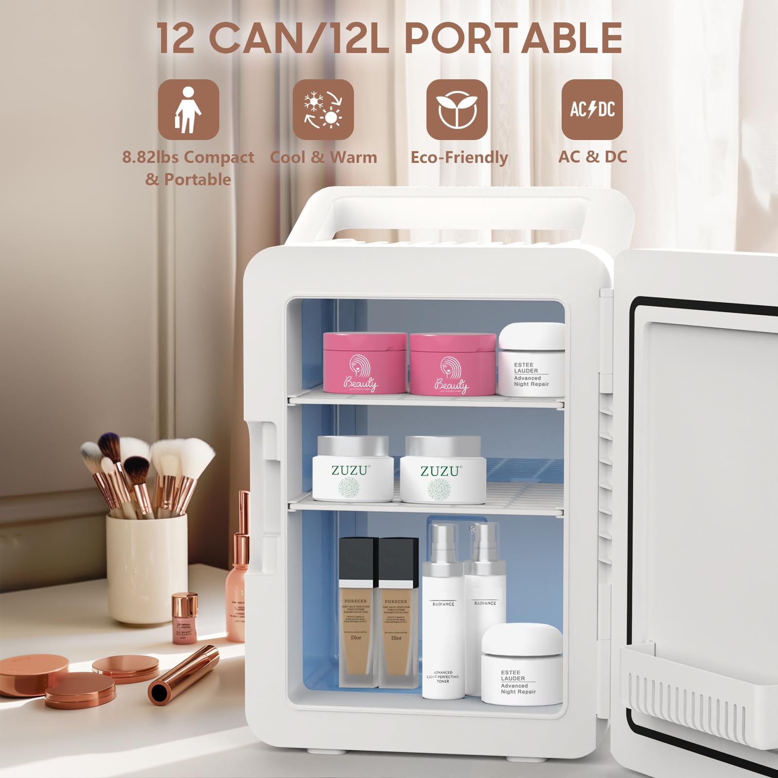 advwin 12L Mini Skincare Fridge with Dimmable LED Light Mirror, Makeup Fridge for Cooler & Warmer, Cosmetics, Beauty, Food & Drinks, Portable Small Refrigerator for Bedroom, Office, Dorm and Car