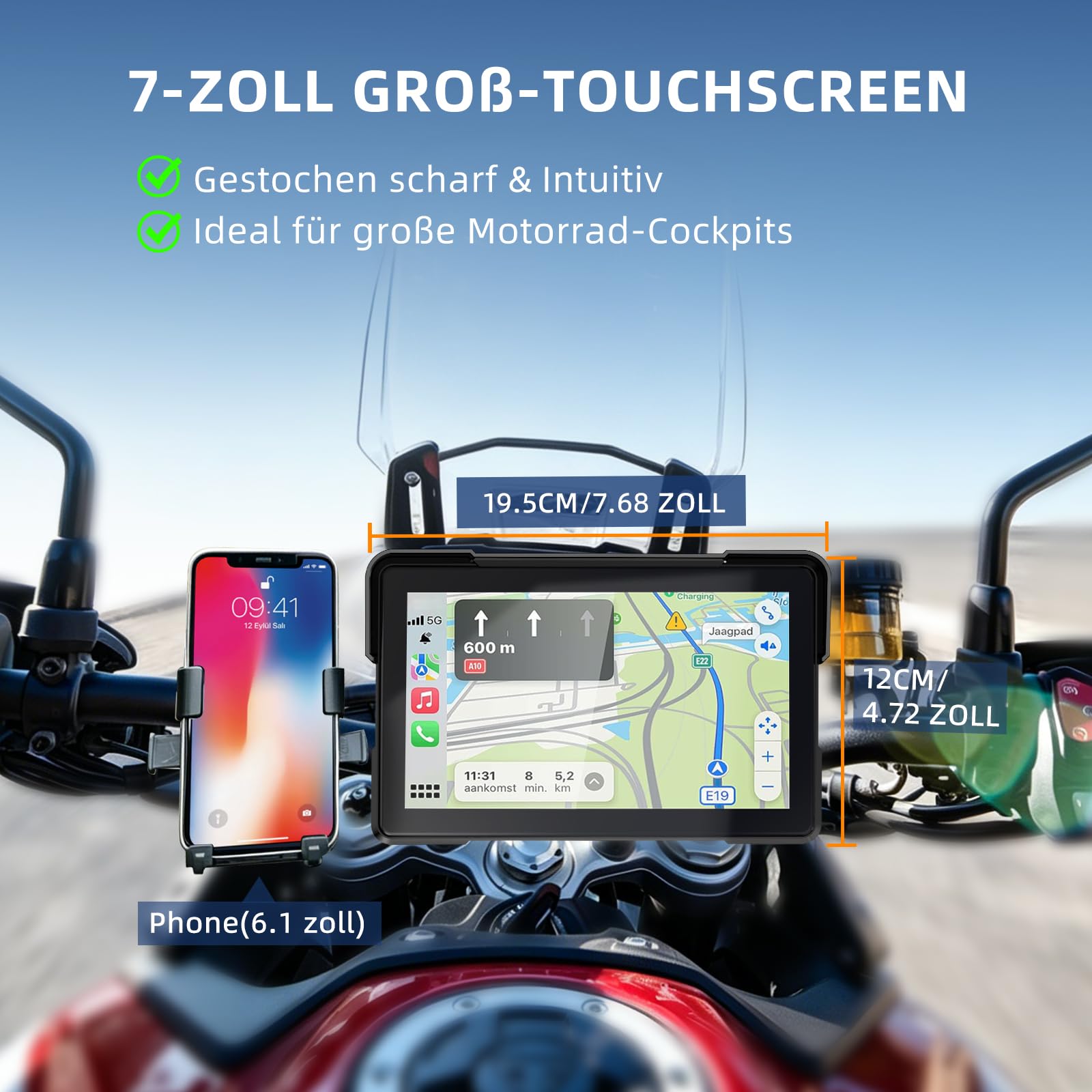7 Zoll Motorrad Display mit Wireless CarPlay & Android Auto, 1000 Nits Helles Motorrad Navi Touchscreen, IP67 Wasserdicht, Dual-Stromversorgung (Acc/USB), Sprachsteuerung für Navigation & Musik