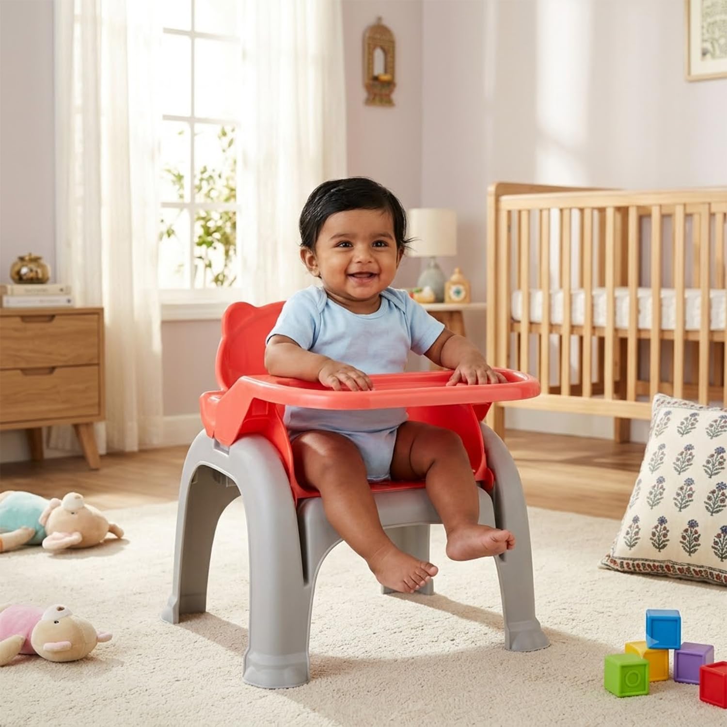 Amazon Brand - Supples Jelly Bean Chair 3 in 1 Multi-Functional Baby Study, Shampoo, Meal | Regular Kids Seating Chair with High Backrest for 1-8 Years Kid, Red-image-0
