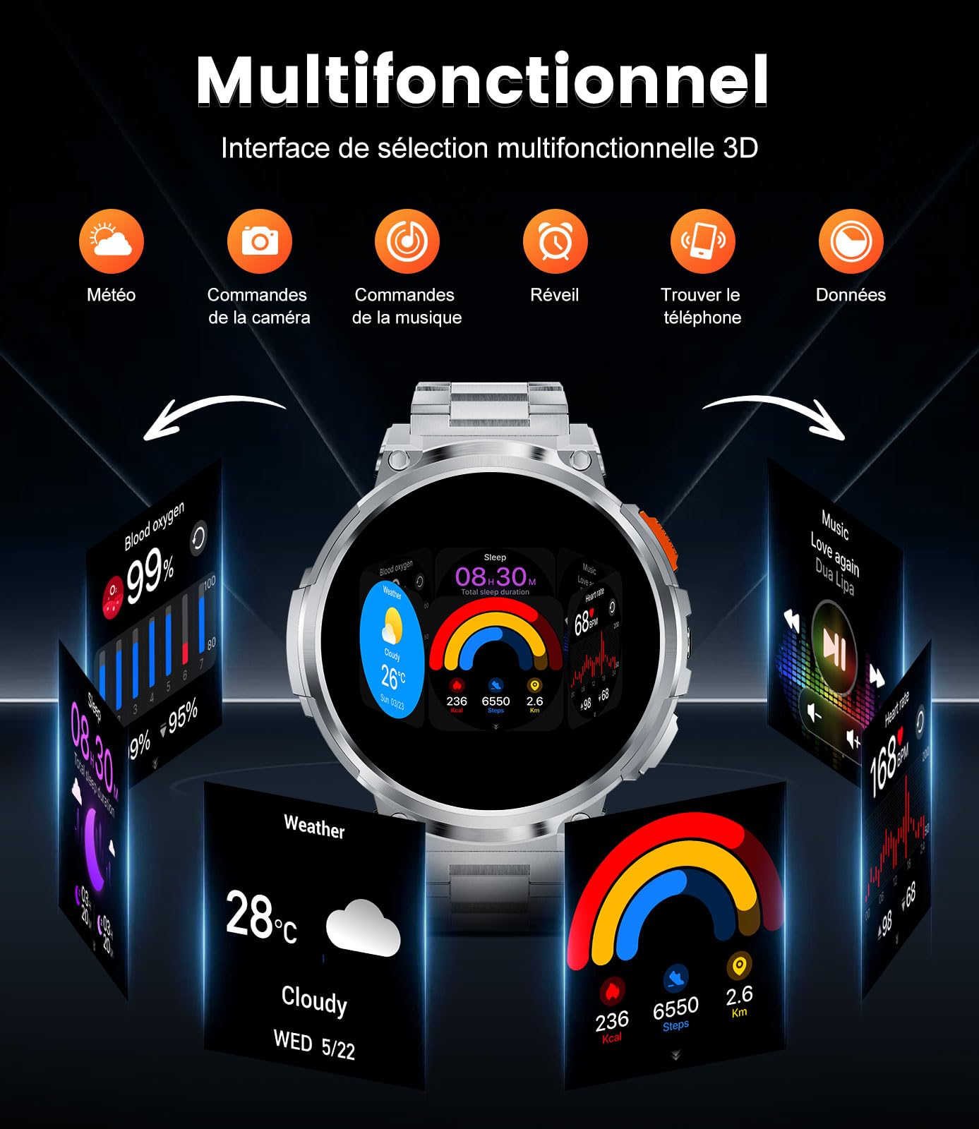 Montre Connectée Homme avec 1,85'' HD Grand Écran/LED Lampe/730mAh Batterie,Smartwatch avec 120+ Modes Sportifs,24/7 Moniteur de Fréquence Cardiaque et Sommeil,IP68 Étanche pour Android iOS,Argenté