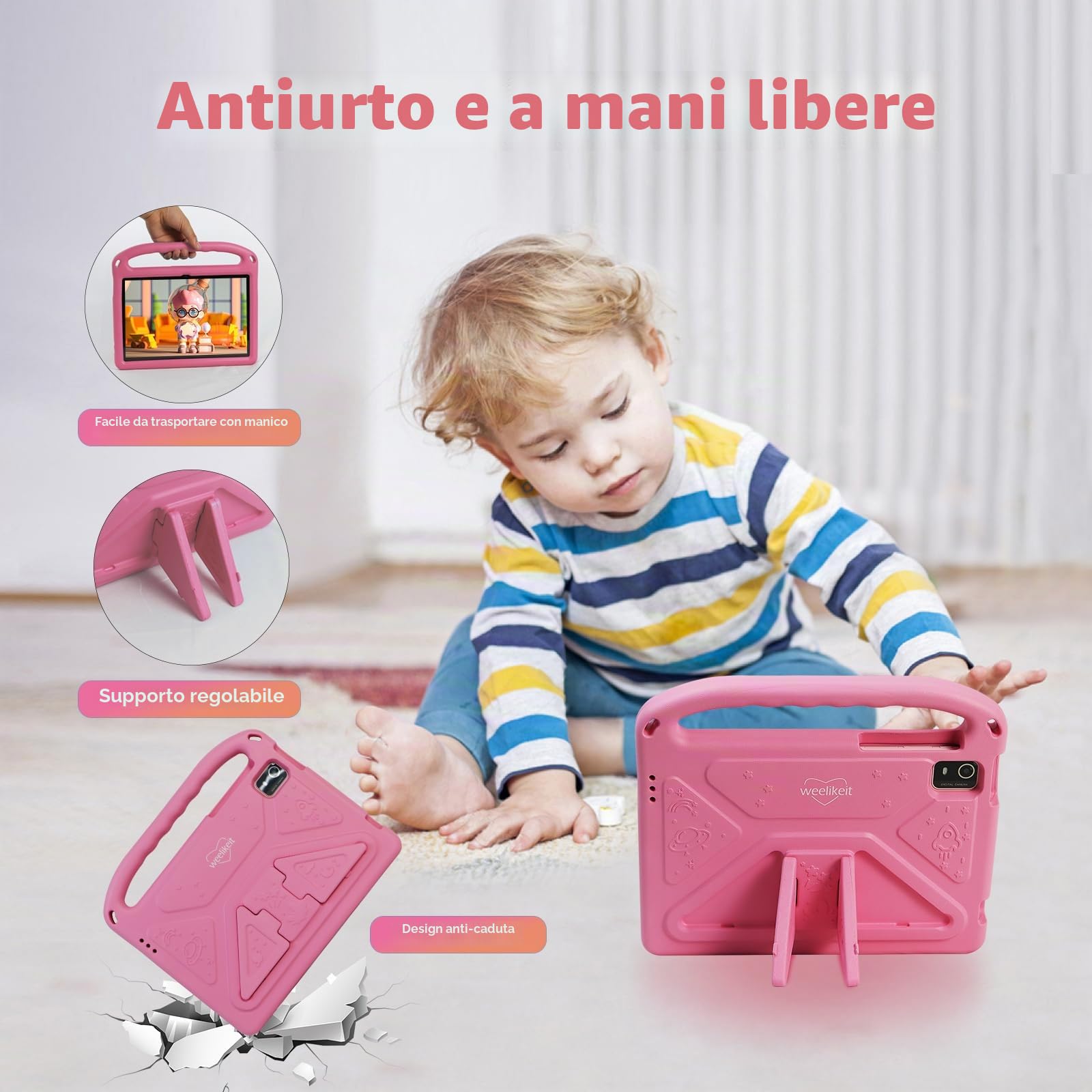 weelikeit Tablet per bambini aggiornato 2024 da 10 pollici Android 14 con custodia, 8 (4+4) GB di RAM 128 GB di ROM, Bluetooth WLAN, controllo bambini, schermo HD, batteria da 6000 mAh, rosa