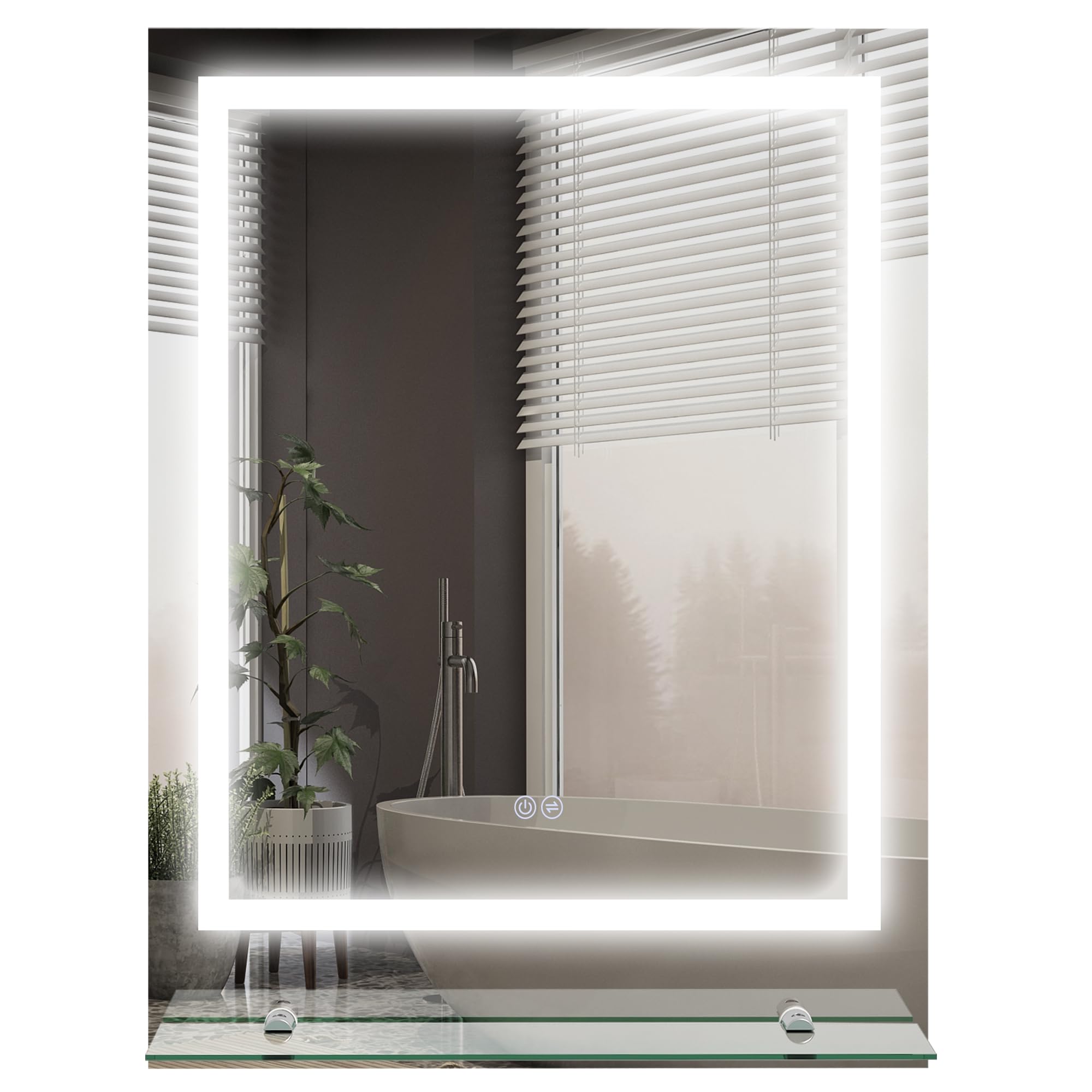 kleankin espejo de baño con iluminación 70 x 50 cm Espejo rectangular de pared Espejo LED con interruptor táctil, función memoria Espejo con luz Sin niebla con 3 colores de luz Transparente