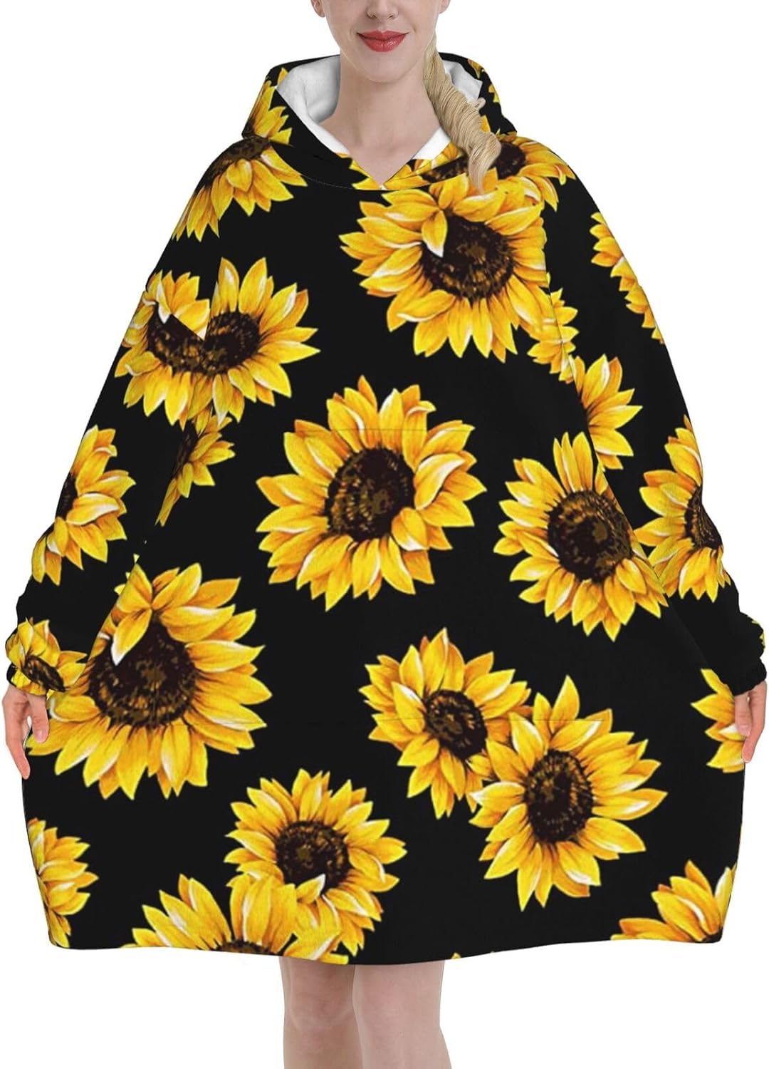 MUSM Sunflower Print Blanket Hoodie Fleece Sweatshirt Blanket With Sleeves And Pockets