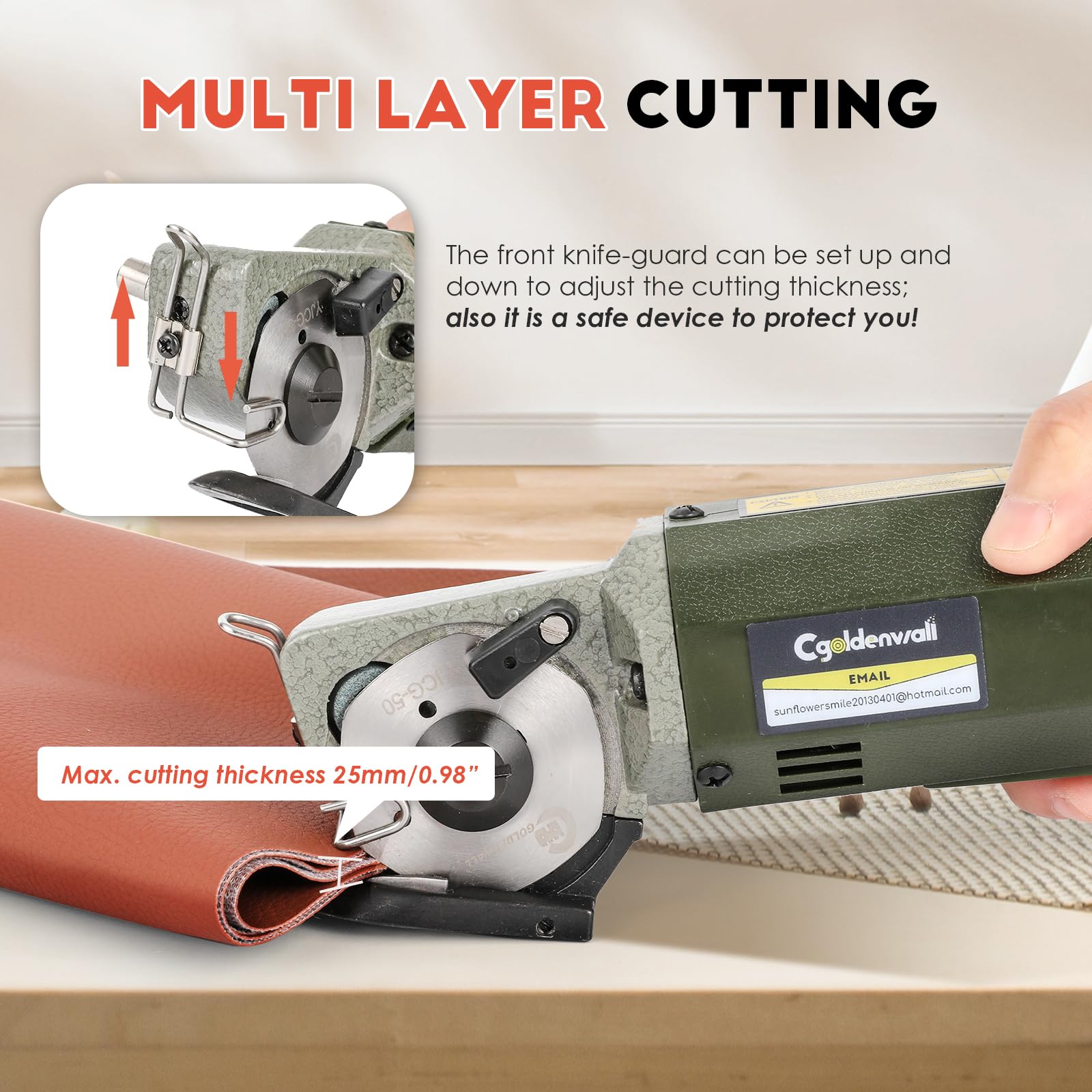 CGOLDENWALL Coupe-Tissu Electrique YJ-50, Lame 50mm, Textile Cuir | 2400RPM, 20mm Epaisseur Coupe Max, Lame Remplacable, 220V