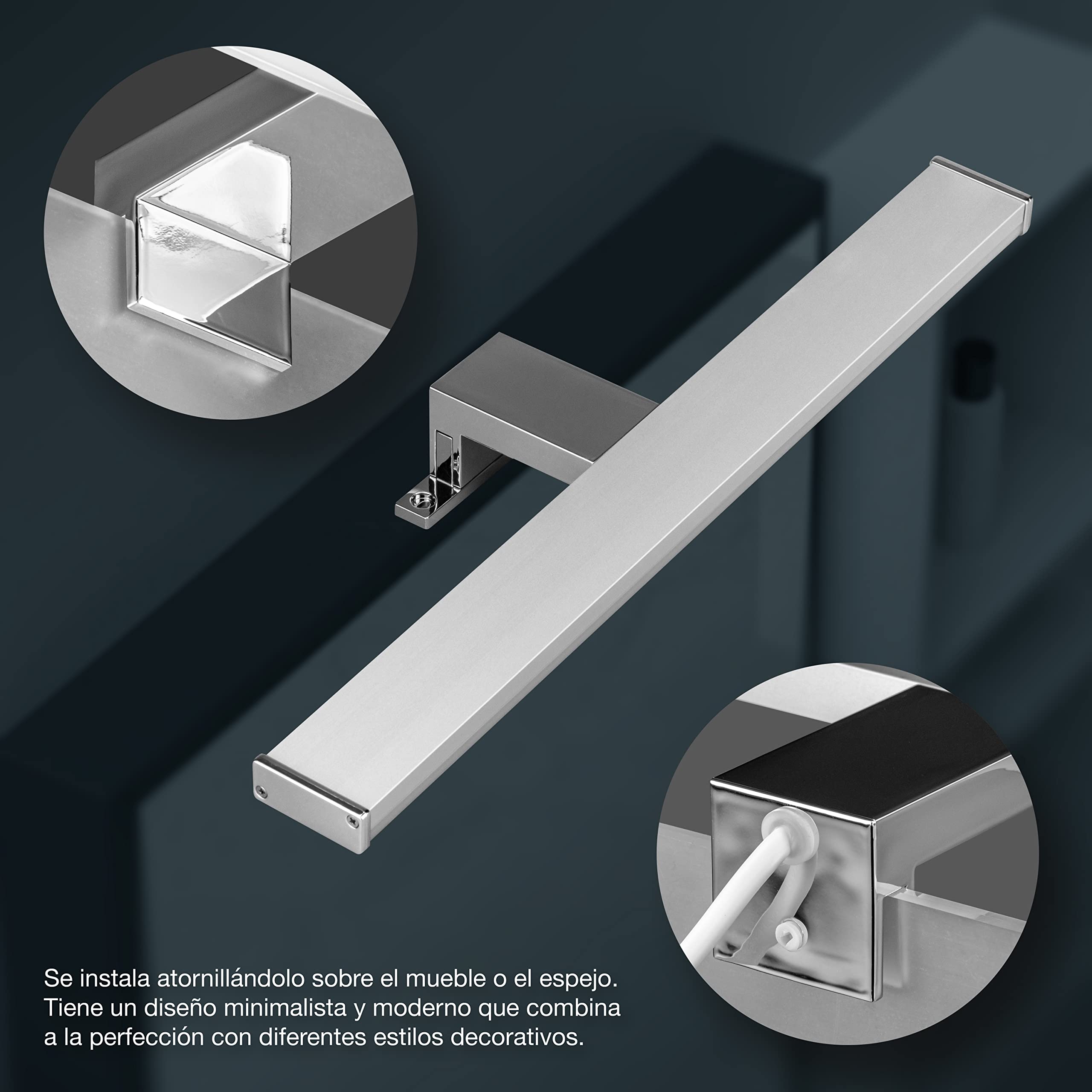 Popp- Lámpara Aplique LED de Espejo para Baño Instalación en espejos 40CM 220V 8W Luz Neutra 4000K Prueba de Agua IP44 Aluminio Cromado y PC (4000K, 8W)