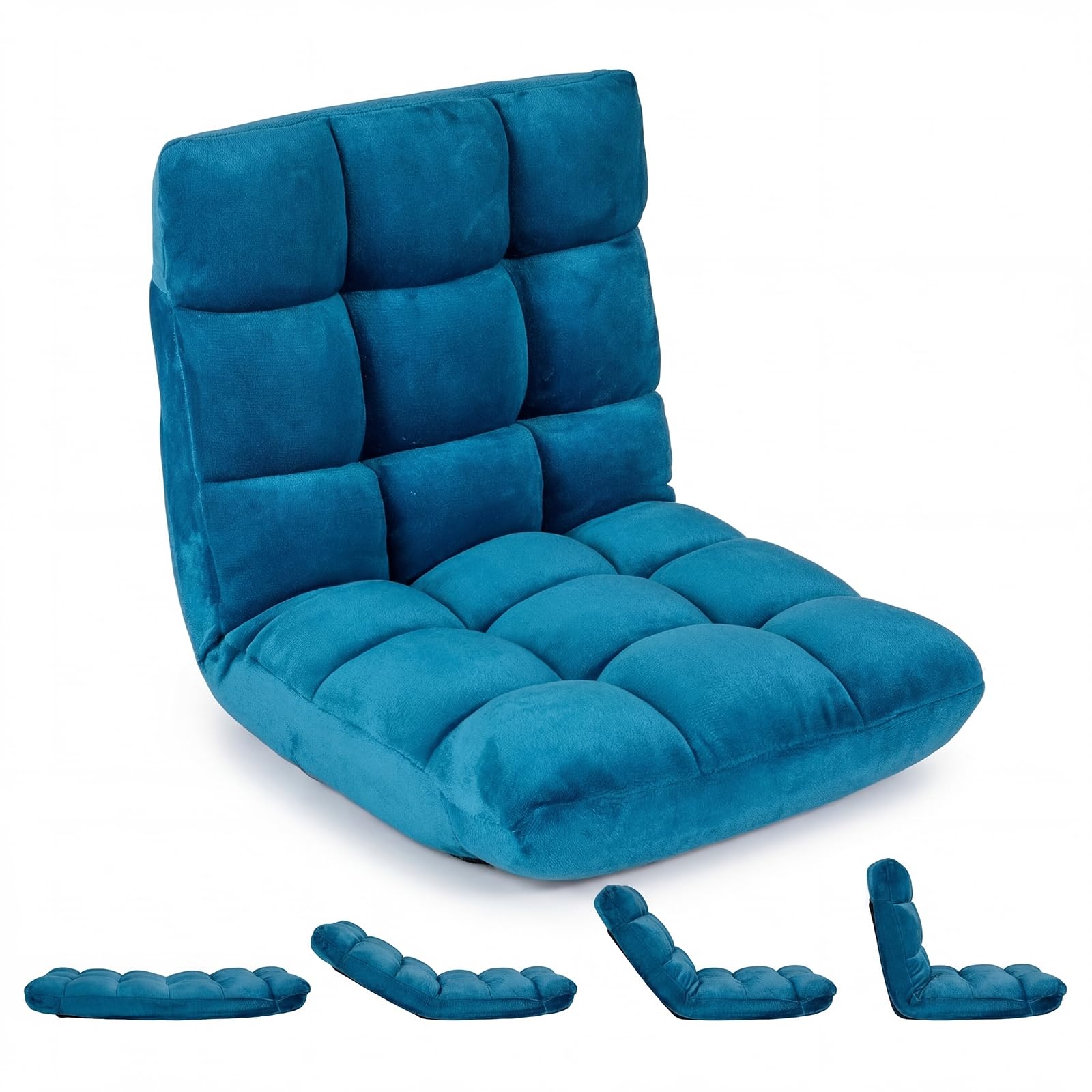 RELAX4LIFE Sedia da Terra Imbottita, Poltrona Pieghevole, Schienale Regolabile a 14 Livelli, Cuscino da Pavimento con Fodera in Peluche e Struttura in Acciaio, per Yoga, Meditazione (Azzurro)