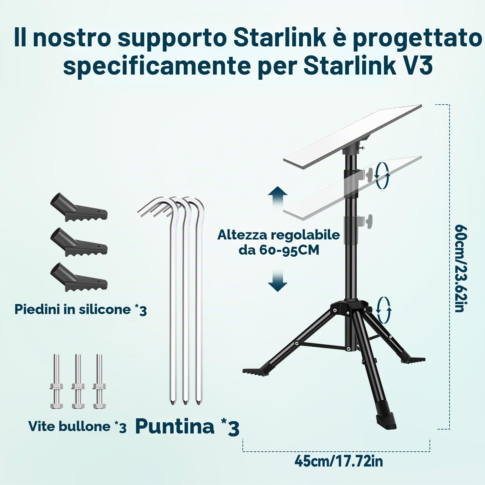 Starlink Gen 3 Treppiede Stand, kit di montaggio portatile Starlink Gen 3 con adattatore per tubo Starlink Gen 3 e asta telescopica da 60 cm-95 cm, compatibile con parabola Starlink Standard V3