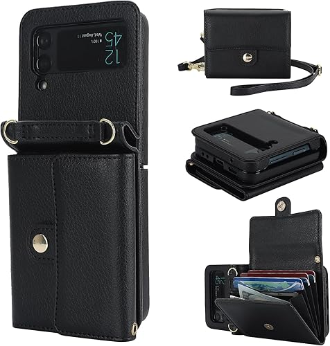 KIHUWEY Funda tipo cartera para Samsung Galaxy Z Flip 4, bolso cruzado con ranura para tarjeta de crédito, bloqueo RFID, correa ajustable de piel