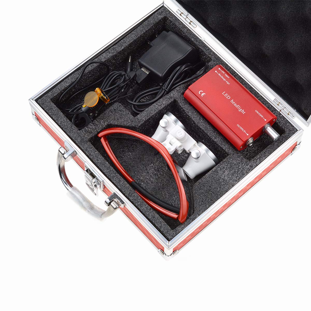 Lupa de 3,5 x 420 mm con faro LED de 3 W, filtro de clip óptico de plástico, gran distancia de trabajo, faro de plástico portátil, caja de aluminio rojo