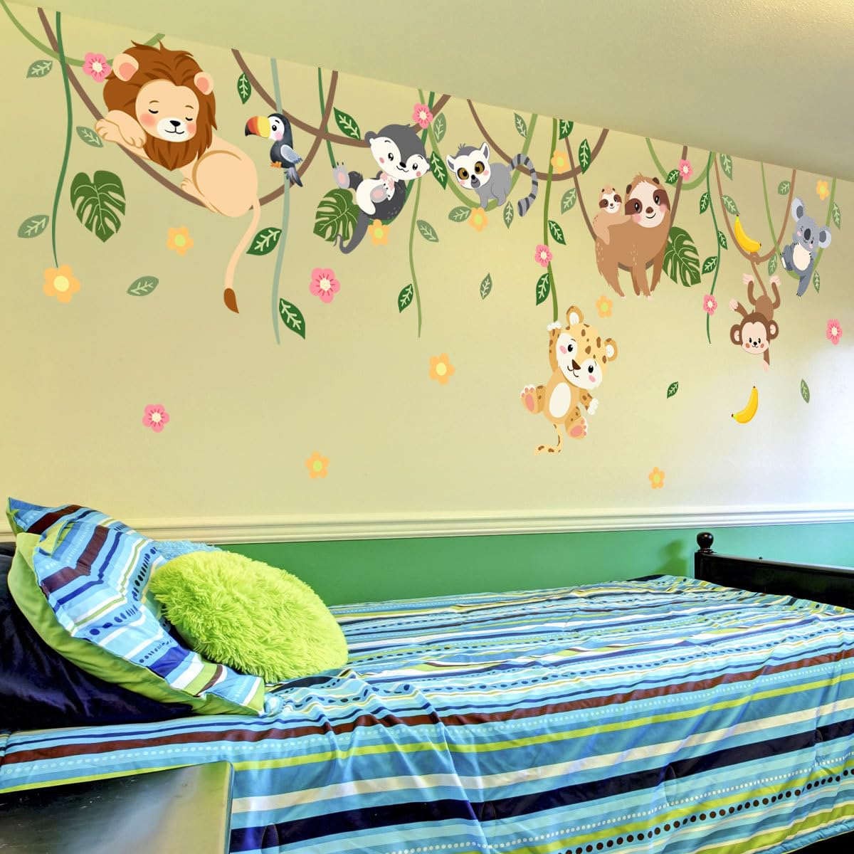 iMagitek Grands autocollants muraux animaux de la jungle animaux de safari escalade arbres autocollants muraux éléphant, girafe, lion, paresseux safari, autocollants muraux pour chambre d'enfant,