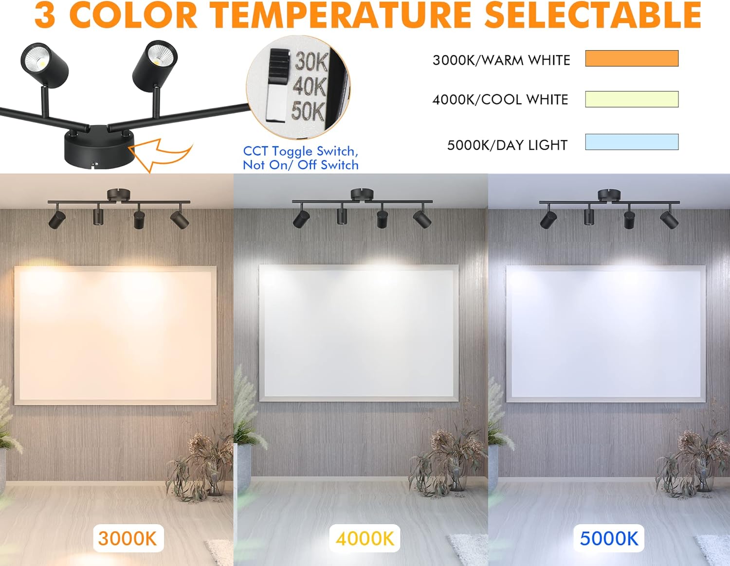 CLOUDY BAY 30W 4-Head LED Dimmable Track Light Kit,3000K/4000K/5000K Selectable 2400lm CRI90,Flexibly Rotatable Light Head for Accent Decorative Lighting,Black
