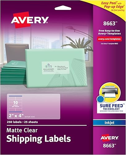 Avery 8663.Etiquetas de dirección transparentes para Ink Jet, 2X 4, 250unidades por paquete., Transparente