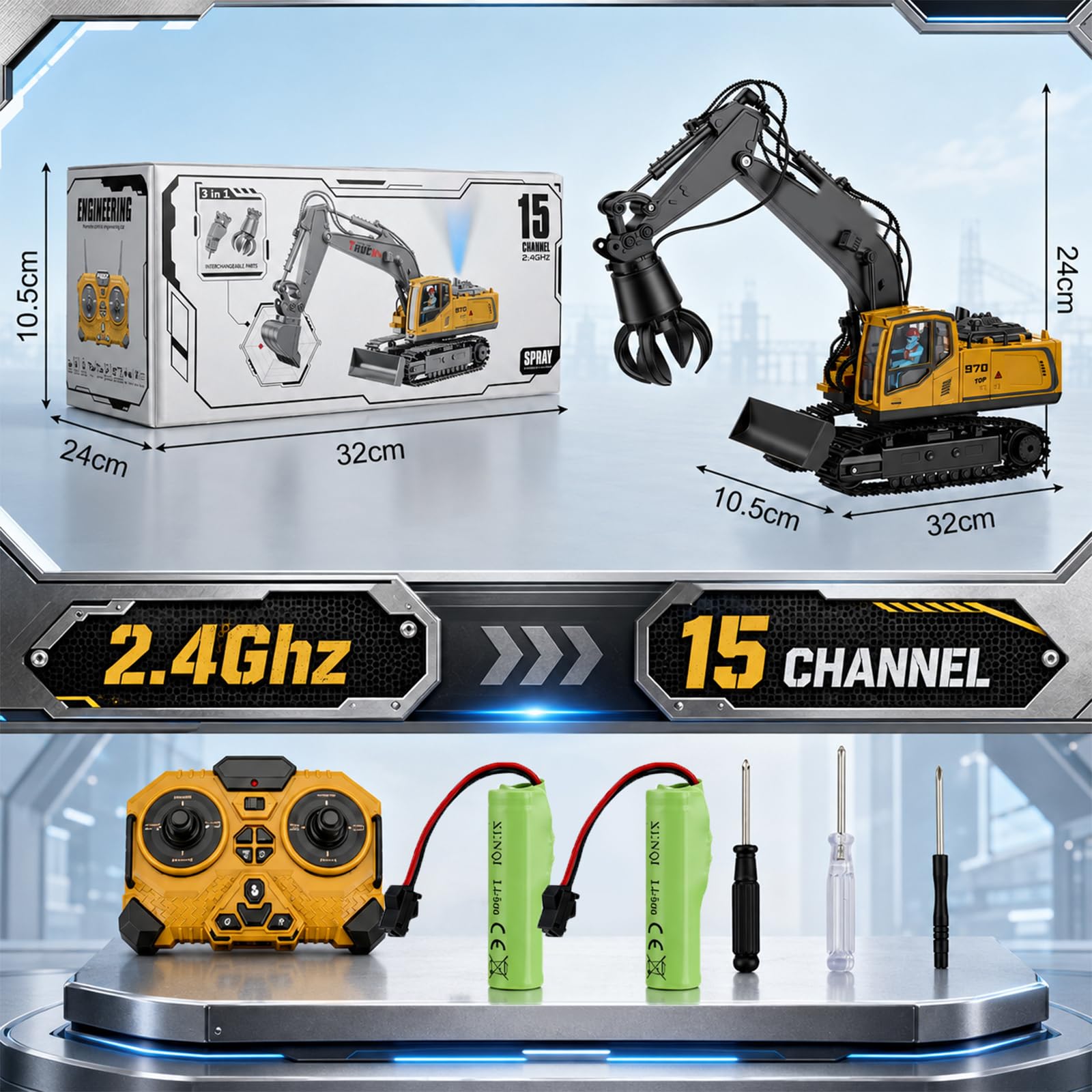 3 In 1 Ferngesteuerter Bagger Mit Metall-Aufsätzen,Für Kinder Ab 6 Ahren | 2,4Ghz Ferngesteuerter,2 X Batterien,680° Drehbarer,Licht Und Sound,Rc Bagger Spielzeug Für Sandkasten & Outdoor