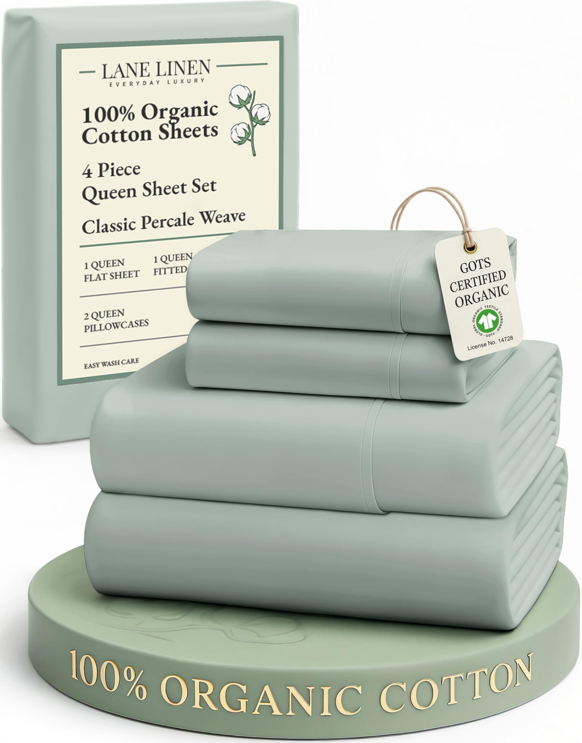 100% Organic Cotton Queen Sheets, Fully Elasticized Soft & Comfy Classic Percale Weave, Low Pill Fade Resistant Machine Washable Sheet & Pillowcase Sets, 15" Deep Pocket- Cool Blue