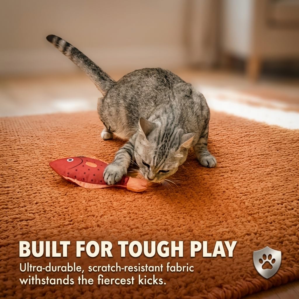 Tails & Tales Juguetes para gatos de peluche con sonido de pez, hierba gatera y arrugados, resistentes a las mordeduras y suaves juguetes interactivos para gatos y gatitos de interior, reduce el
