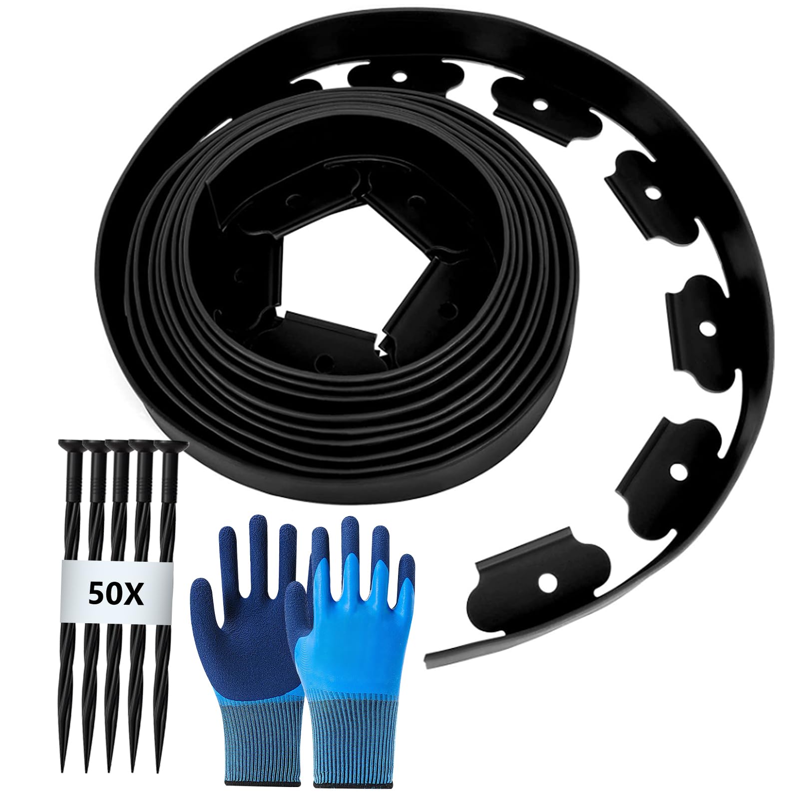 Bordure de Jardin Flexible Exterieur 10M, Bordure Jardin Hauteur 5cm avec 50 Clous et 1 Paire de Gants, Bordure Jardin Plastique, Bordure de Pelouse Flexible, Noir