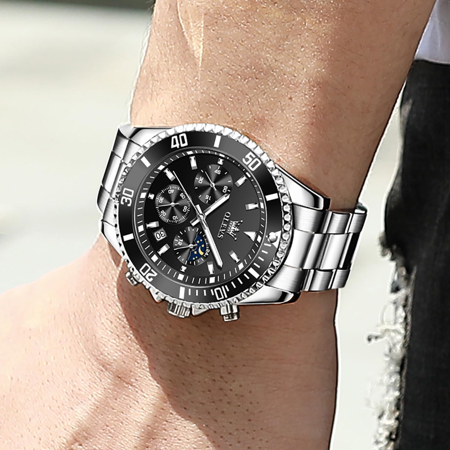 OLEVS Green Dial Watches for Men Fashion Analog Quartz Waterproof Chronograph Gold Silver Stainless Steel Watch Business Classic Luxury Big Face Luminous Multifunction Men Wristwatches