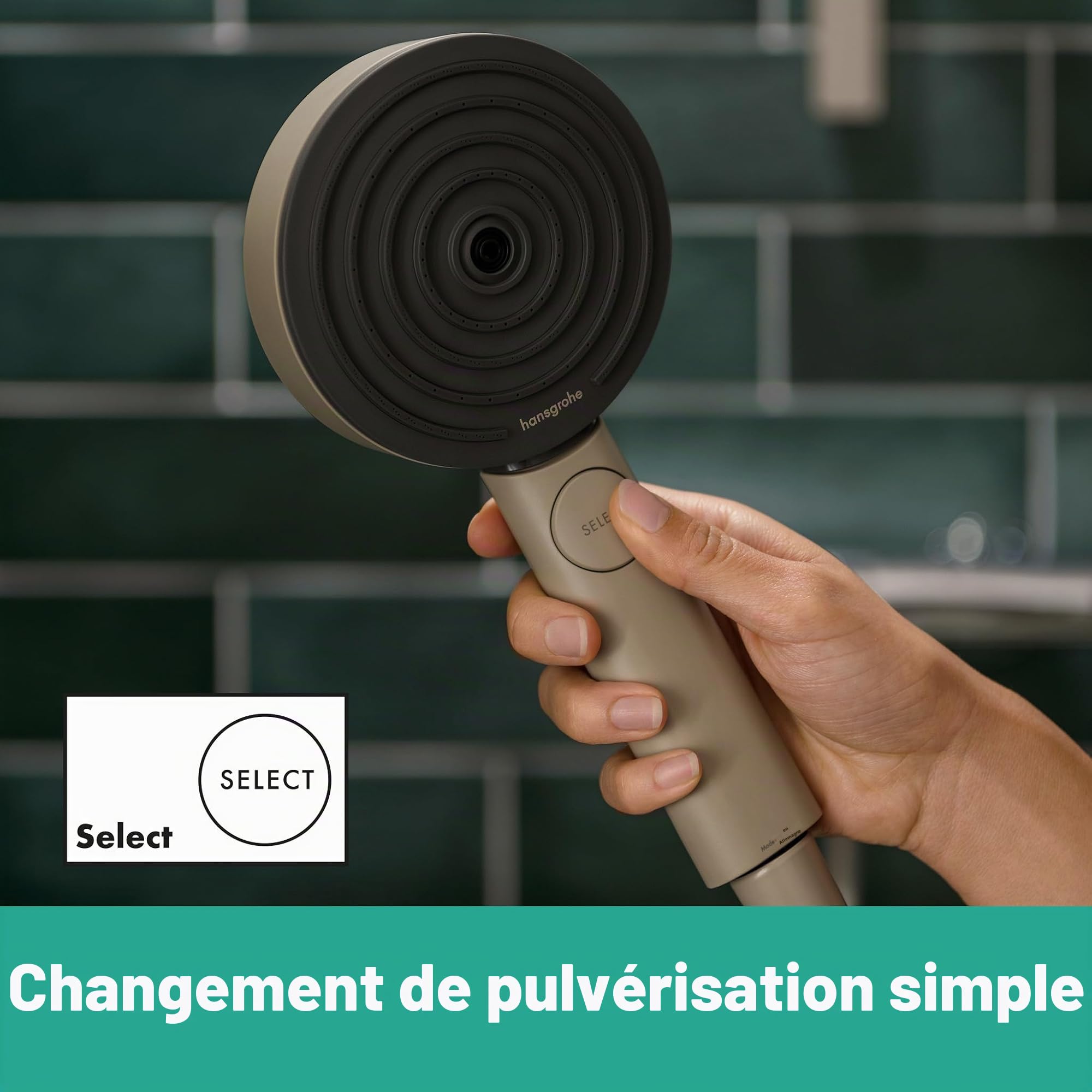 hansgrohe Pommeau de douche Pulsify Planet Edition Pommeau de douche économiseur d'eau 2 jets Fonction anticalcaire Sable recyclé, 26077210