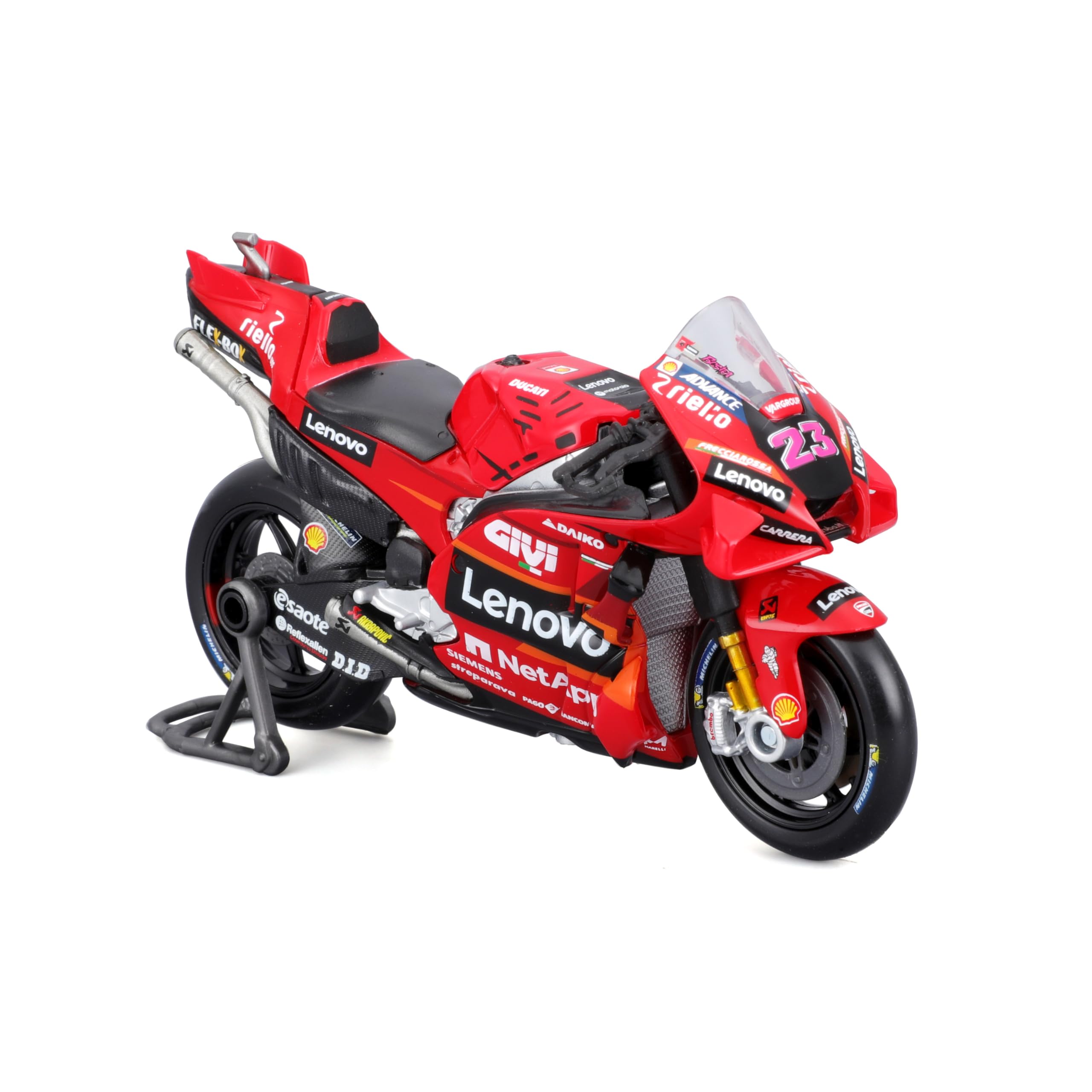 MAISTO Ducati Lenovo Team #23 Enea Bastianini โ Moto Model 1:18, True to the Original, Toy Motorcycle with Steering and Side Support, Ages 3 (536396-23)