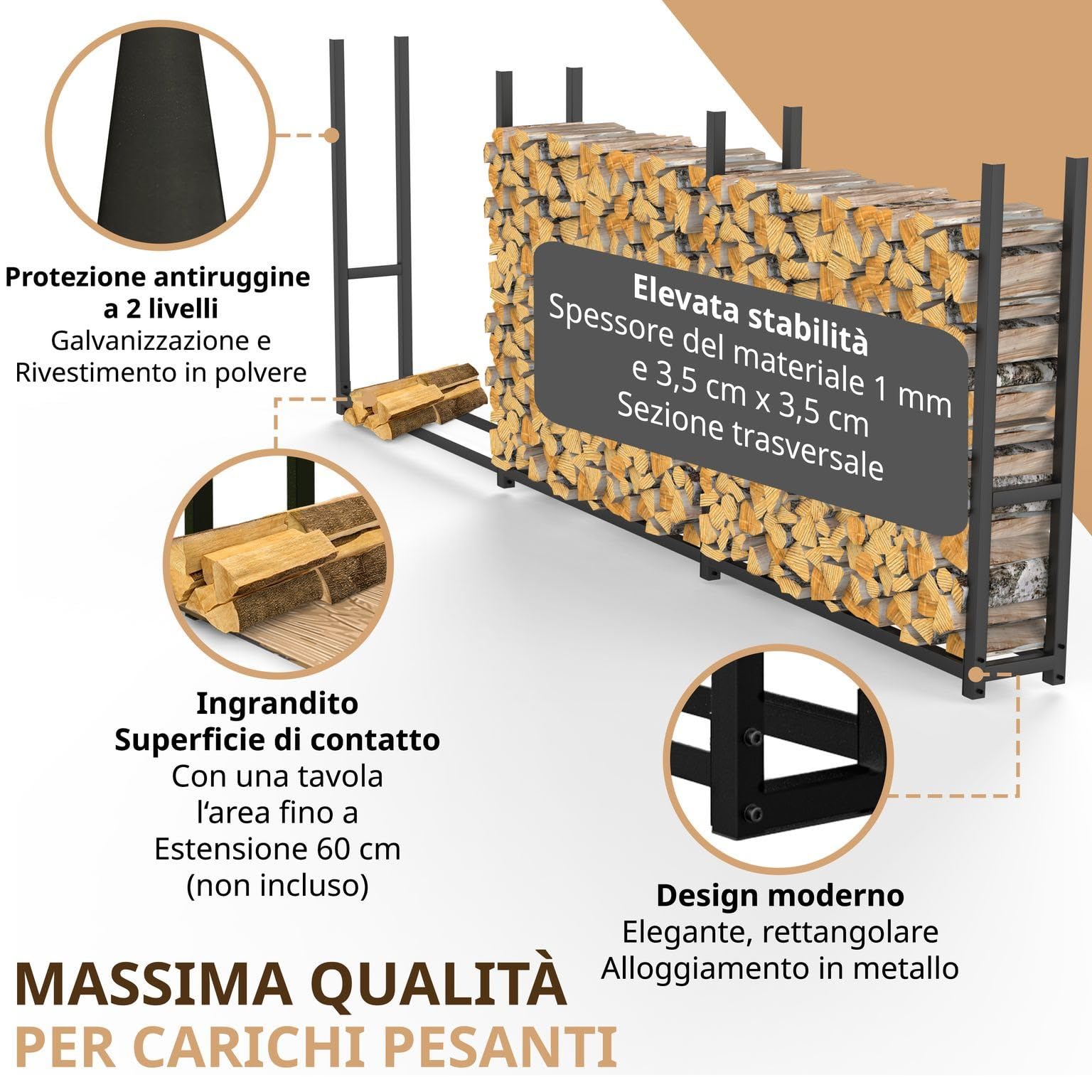 Portalegna da esterno in metallo zincato 335 x 25 x 115 cm legnaia salvaspazio per legna da ardere porta legna per ciocchi da 25 a 33 cm giardino terrazzo XXL nero