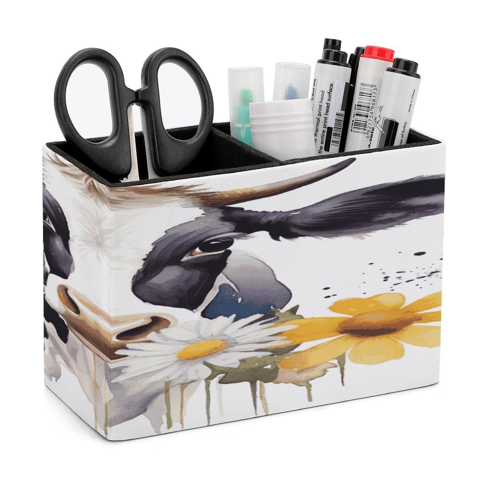 VstaDank Watercolor Cow And Daisy Flower Pencil Holder for Desk(Double Slots) Fashion Leather Pencil Cup Simple Rectangular Shape Pen Holder Multi-Functional Pen Cup for Home Office Supplies Storage