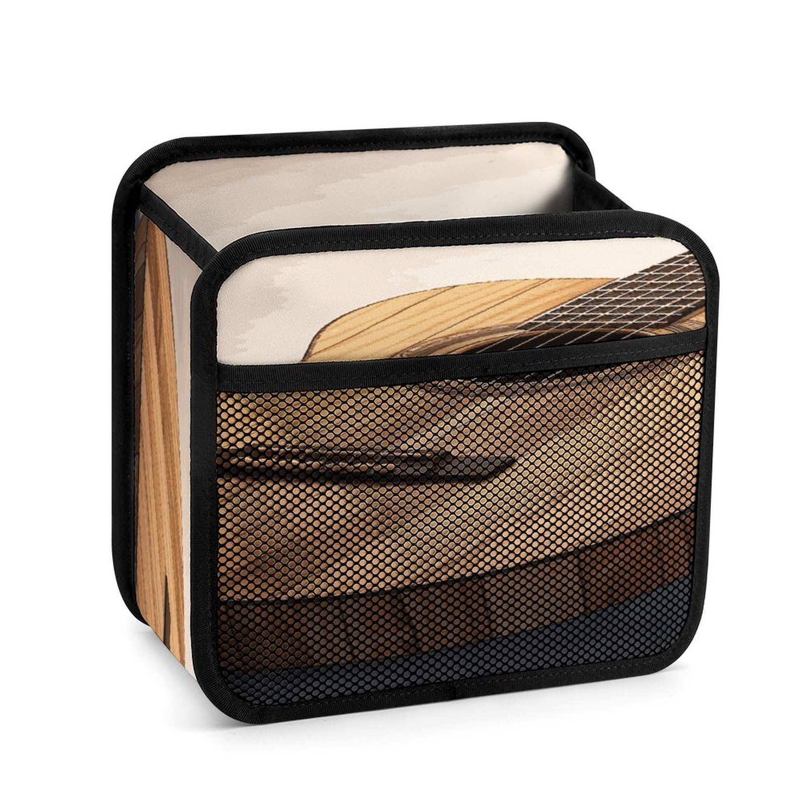 Btcowzrv Style Guitar Wooden Car Seat Back Organizer, Pu Leather Hanging Backseat Car Organizer With Elastic Mesh Pocket, Storage Bag For Most Vehicles