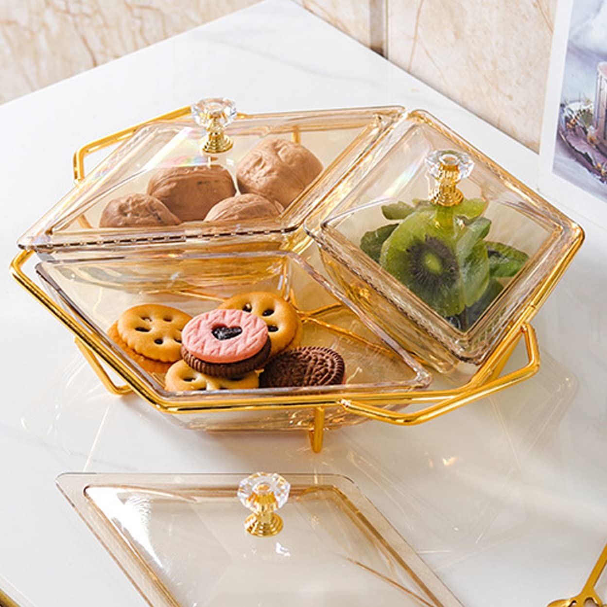 Nut and Candy Serving Tray, 3 Divided Appetizer Storage Bowls Tray with Lid and Gold Plated Shelf, Snack Platter for Home Party, Light luxury Style Glass Serving Tray for Home Decoration (3 Bowl Set)