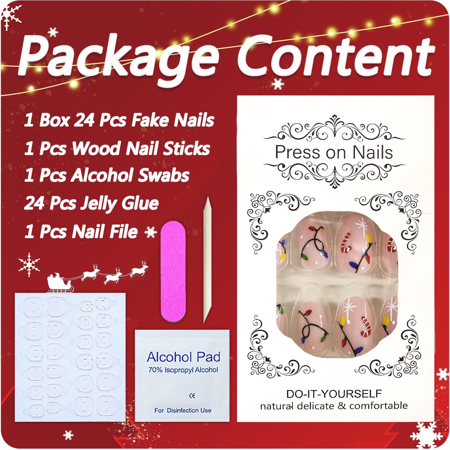 Christmas Press on Nails Colorful Light Fake Nails Short Almond False Nail with Xmas Candy Cane Designs Artificial Acrylic Nail Glossy Full Cover Stick on Nails for Women Manicure Art 24 Pcs