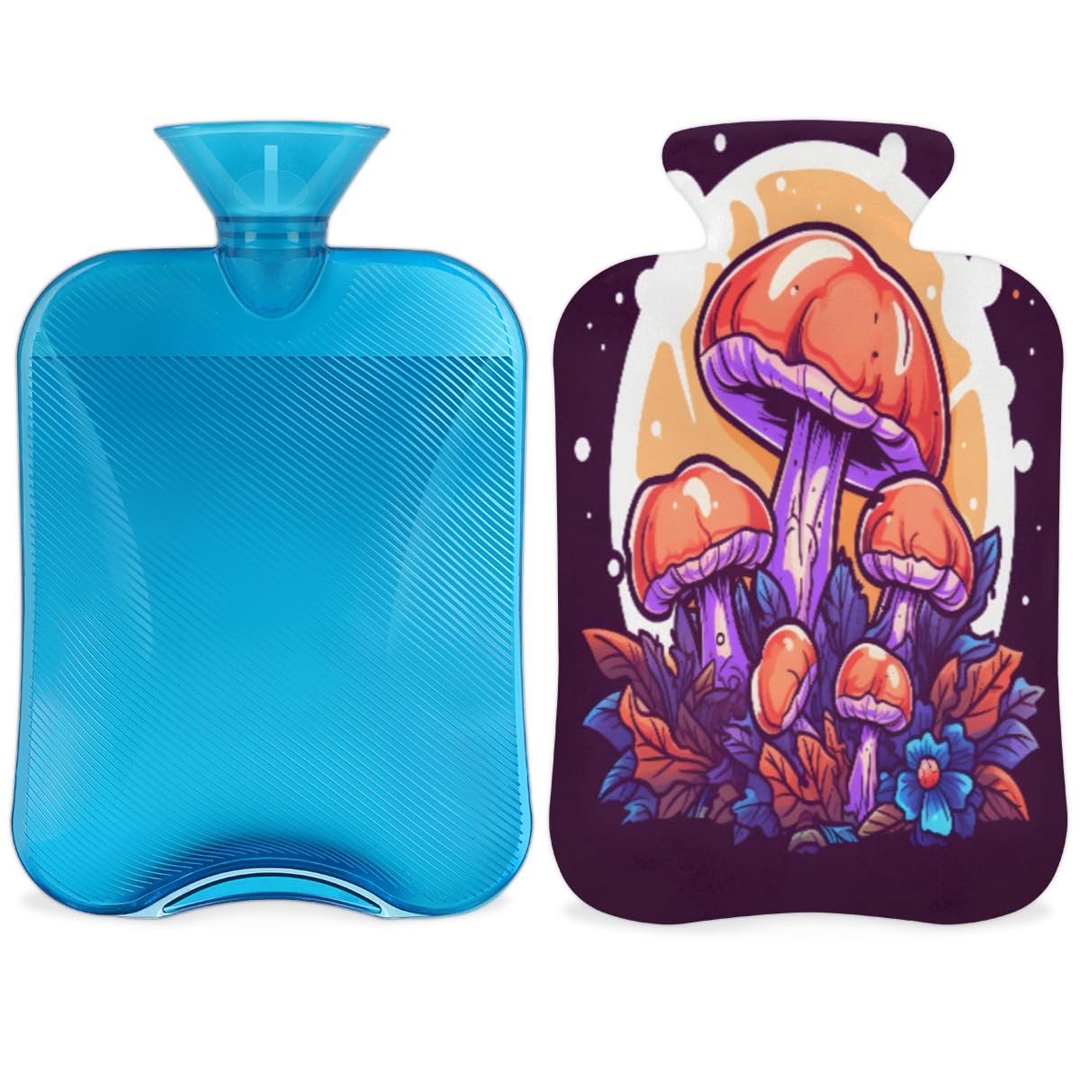 Hot Water Bottle with Soft Cover,2L Mystical Mushrooms Hot Water Bag for Hot and Cold Compress, Hand Feet Warmer, Modern Mushrooms Rubber Hot or Cold Water Bottle Halloween Christmas Decorations