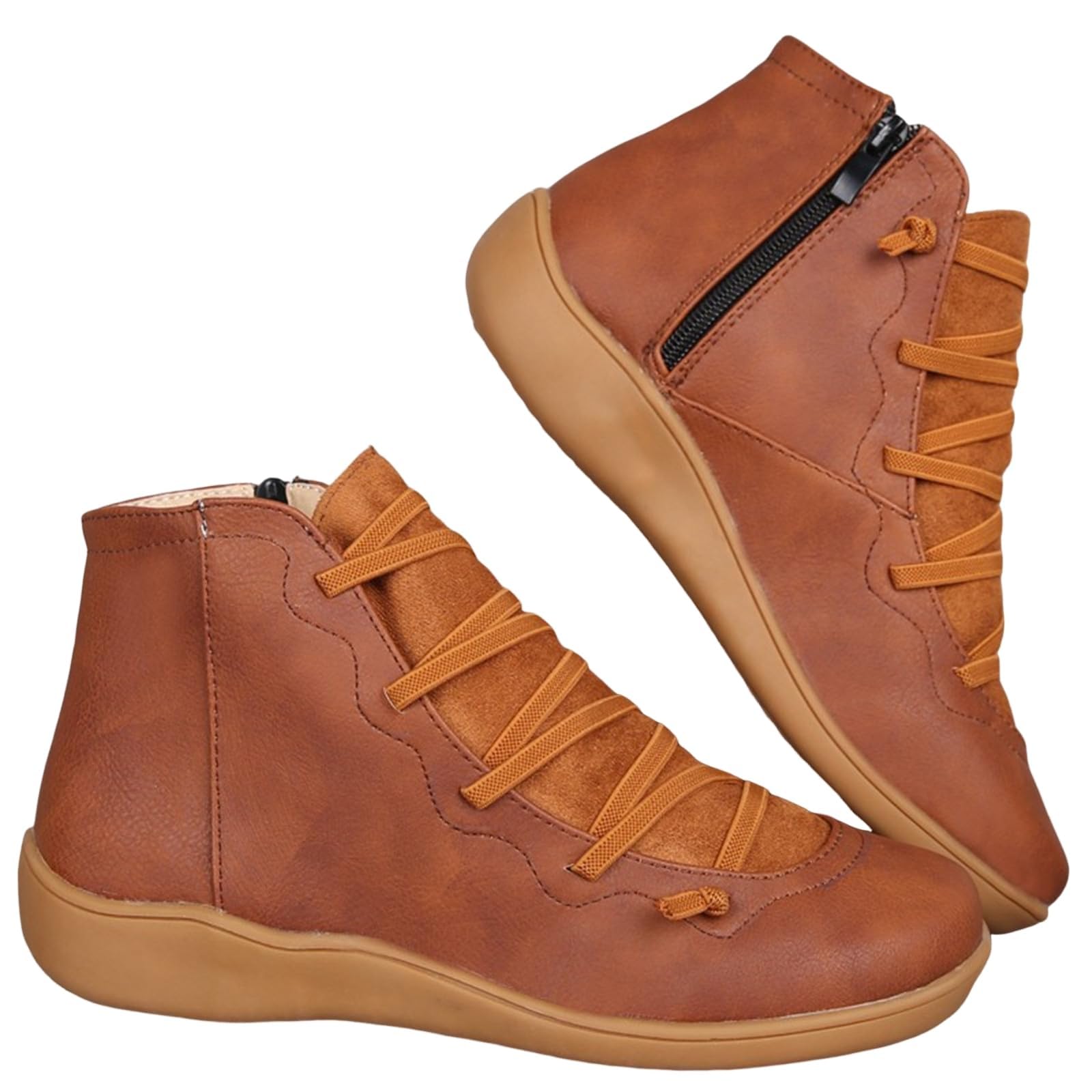 Womens Vintage Ankle Boots Fashion Arch Support No Heel Lace Up Side Zip Up Flat Shoes Fall Winter