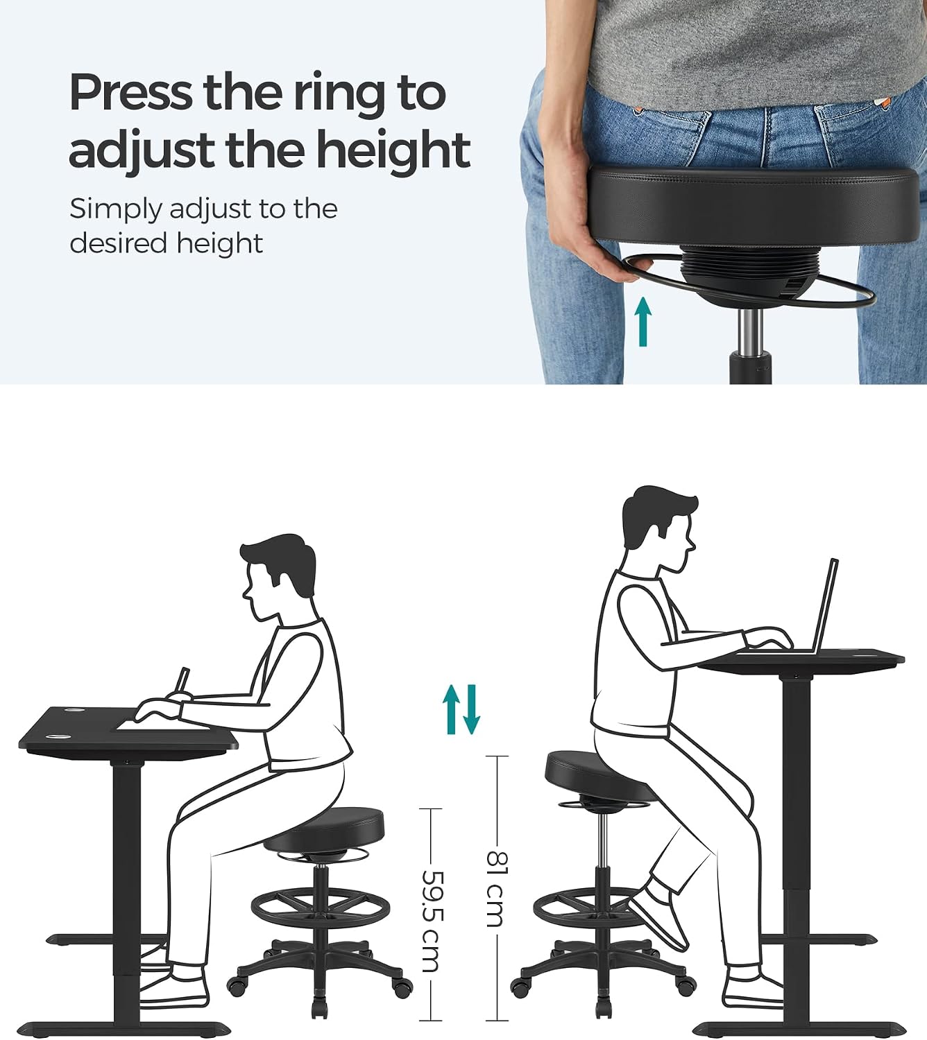 Image illustrating how to adjust the height of the stool by pressing a ring under the seat. It shows a person pressing the ring and the stool adjusting between 59.5 cm and 81 cm, suitable for both sitting and standing desk use.